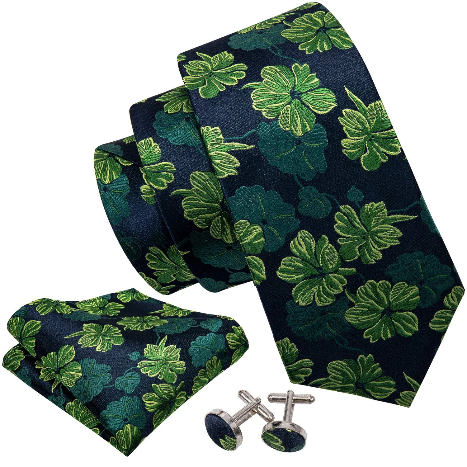 Barry.Wang Set da uomo 4 pezzi con cravatta in seta, fazzoletto da taschino, fermacravatta e gemelli, motivo floreale blu-verdi - immagine 2