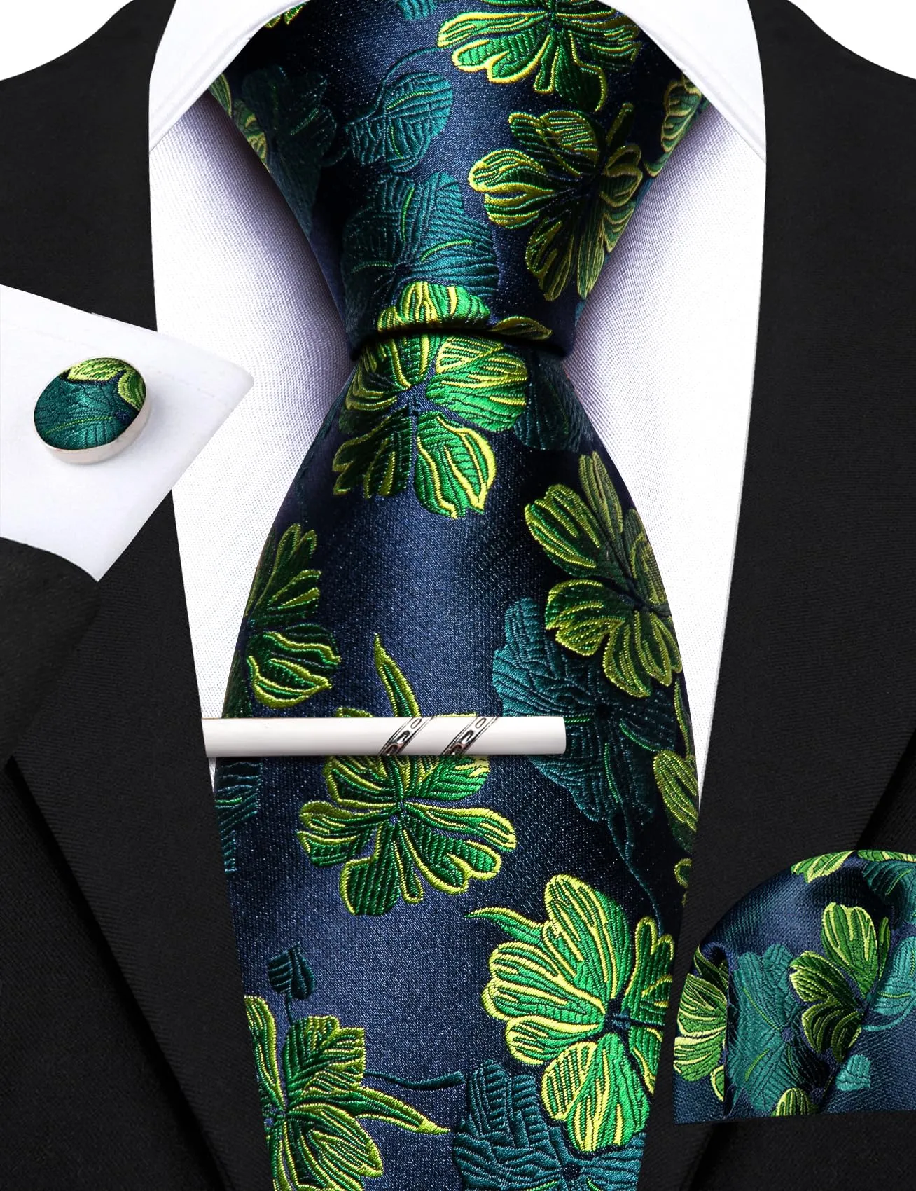 Barry.Wang Set da uomo 4 pezzi con cravatta in seta, fazzoletto da taschino, fermacravatta e gemelli, motivo floreale blu-verdi - immagine 7