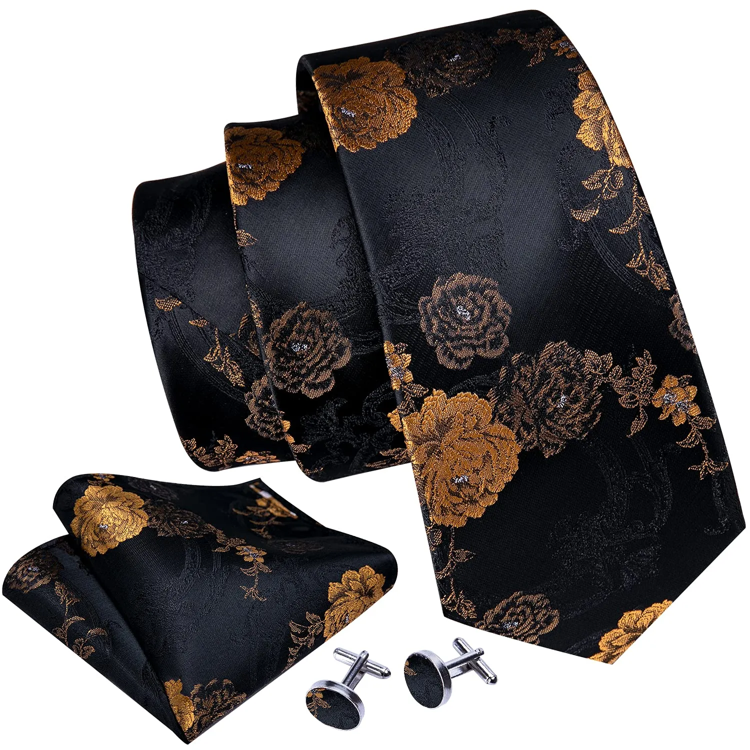 Barry.Wang Set da uomo 4 pezzi in seta con cravatta, fazzoletto da tasca, fermacravatta e gemelli, motivo floreale, Fiori Oro Nero - immagine 2