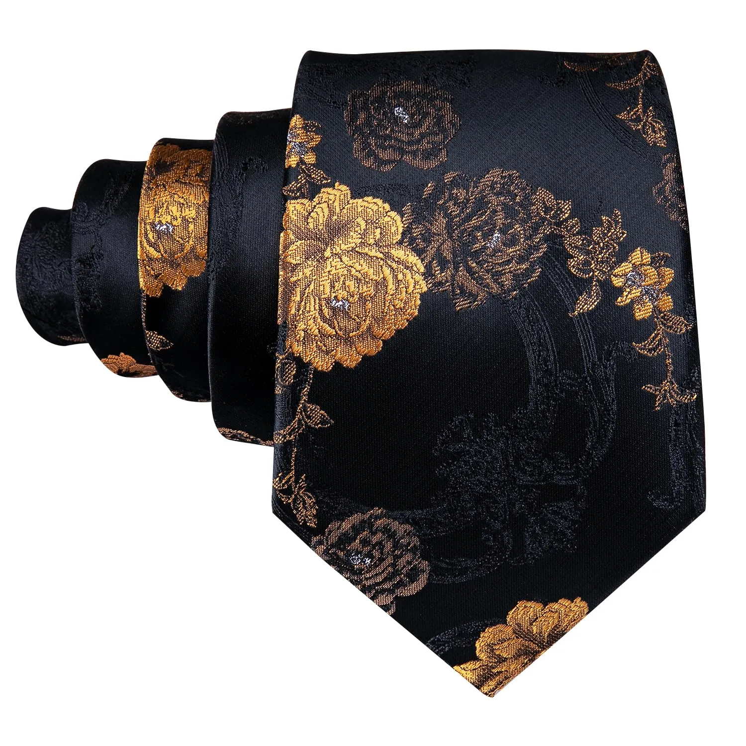 Barry.Wang Set da uomo 4 pezzi in seta con cravatta, fazzoletto da tasca, fermacravatta e gemelli, motivo floreale, Fiori Oro Nero - immagine 3