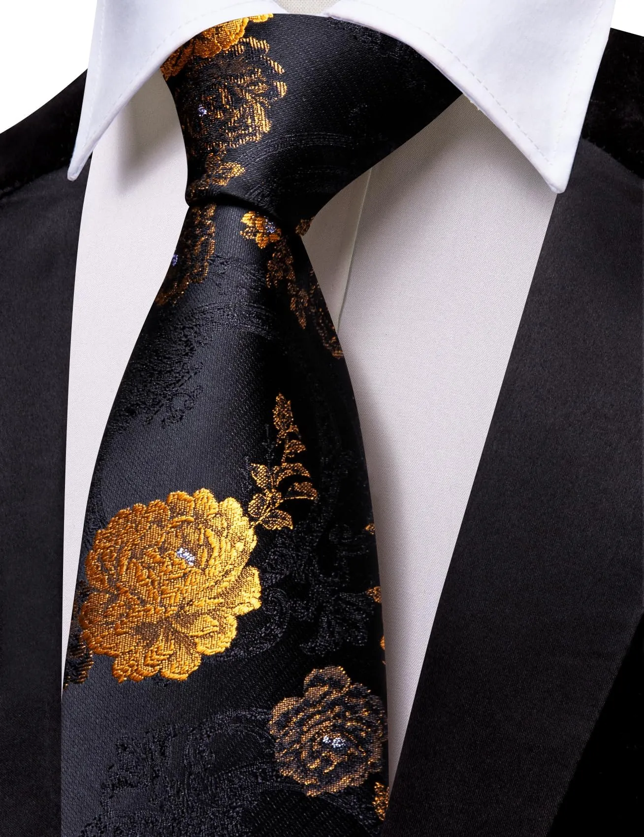 Barry.Wang Set da uomo 4 pezzi in seta con cravatta, fazzoletto da tasca, fermacravatta e gemelli, motivo floreale, Fiori Oro Nero - immagine 4