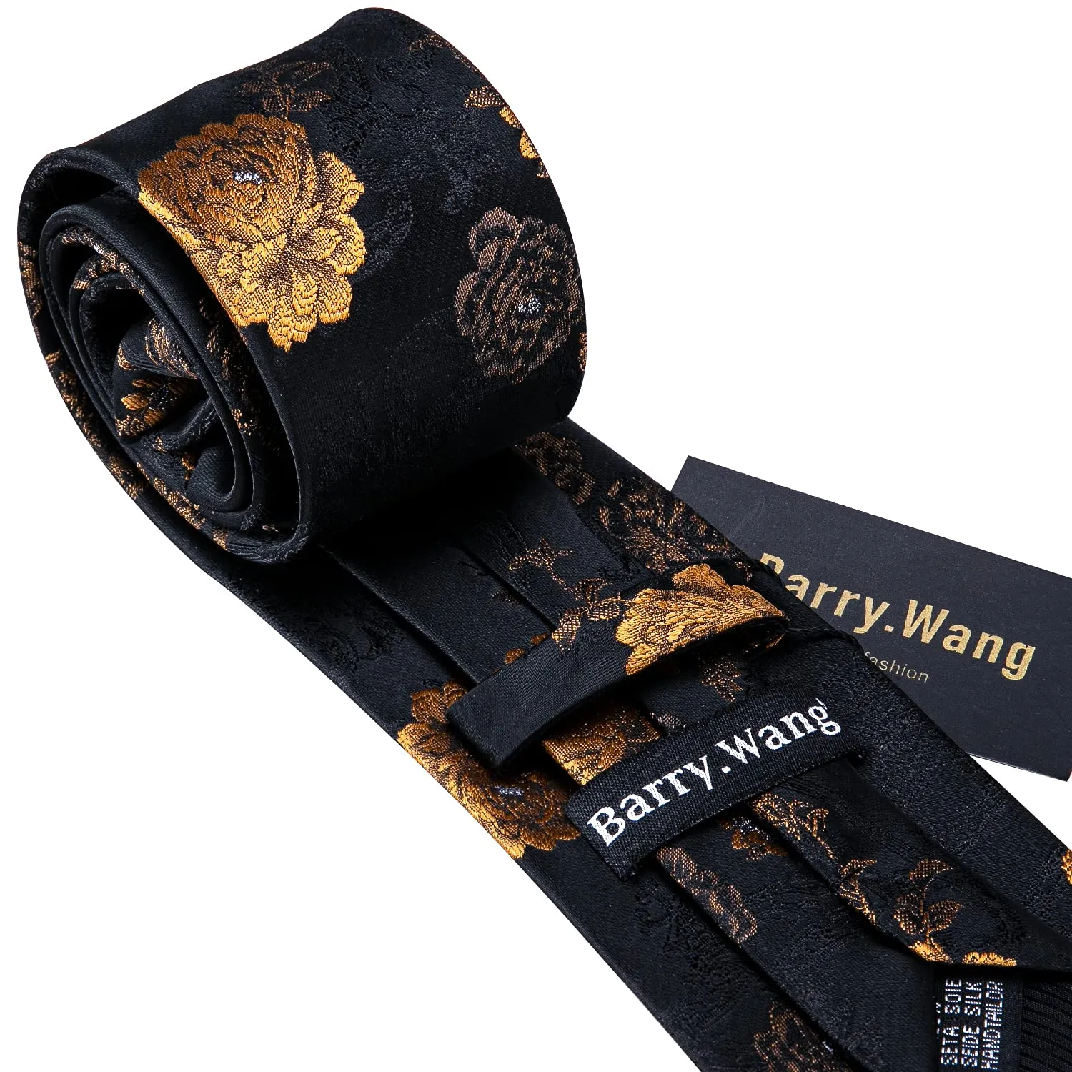Barry.Wang Set da uomo 4 pezzi in seta con cravatta, fazzoletto da tasca, fermacravatta e gemelli, motivo floreale, Fiori Oro Nero - immagine 5