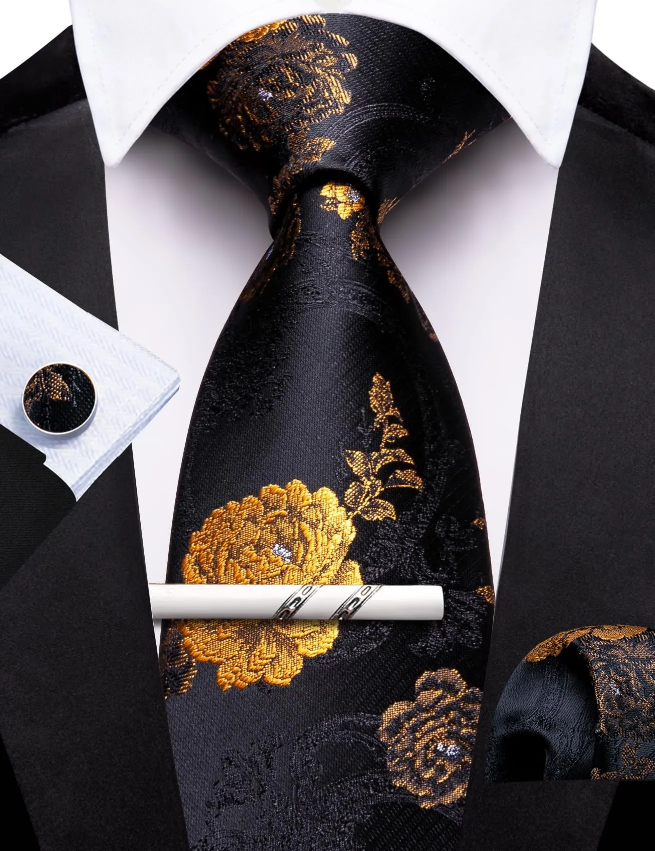Barry.Wang Set da uomo 4 pezzi in seta con cravatta, fazzoletto da tasca, fermacravatta e gemelli, motivo floreale, Fiori Oro Nero - immagine 6