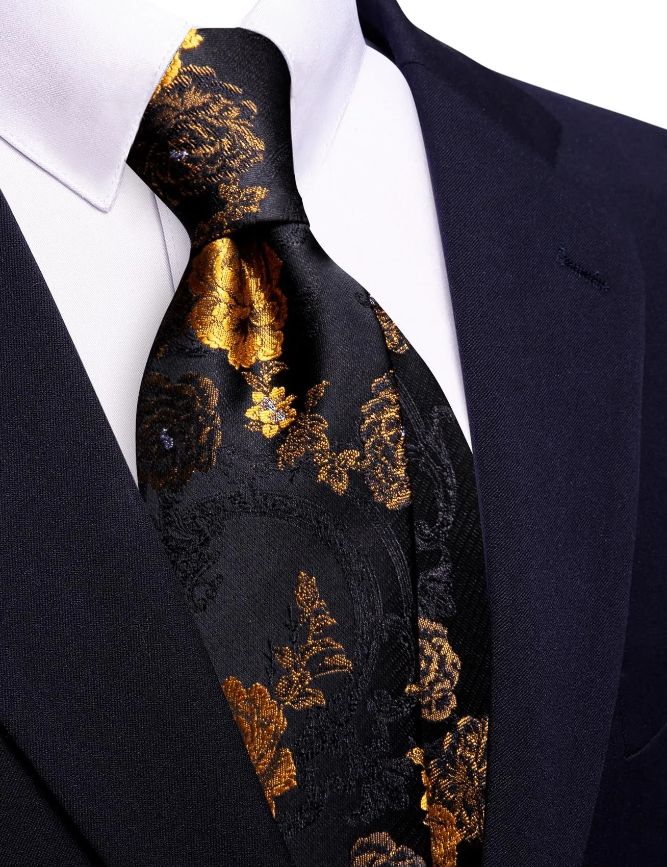 Barry.Wang Set da uomo 4 pezzi in seta con cravatta, fazzoletto da tasca, fermacravatta e gemelli, motivo floreale, Fiori Oro Nero - immagine 7