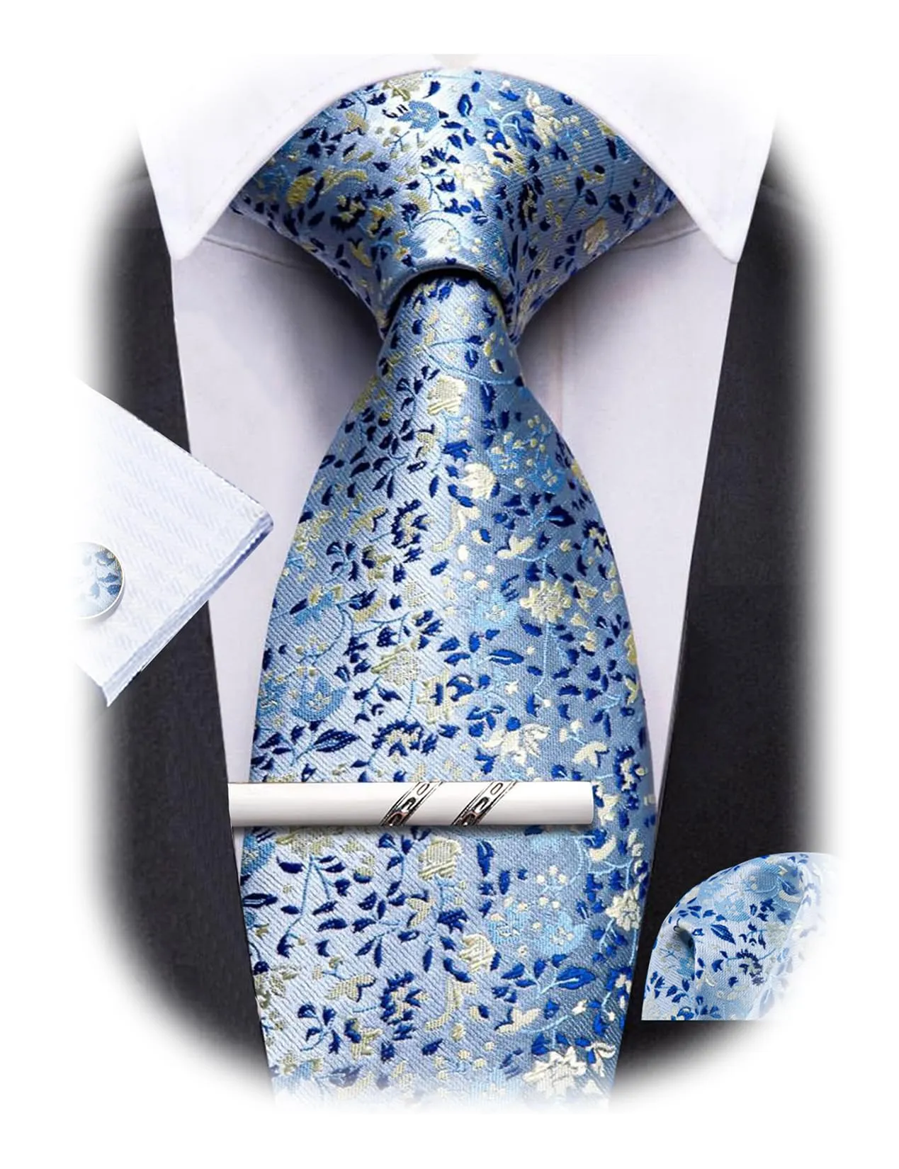 Barry.Wang Set da uomo 4 pezzi in seta con cravatta, fazzoletto da taschino, fermacravatta e gemelli, motivo floreale, Fiore Azzurro Blu Scuro - immagine 1