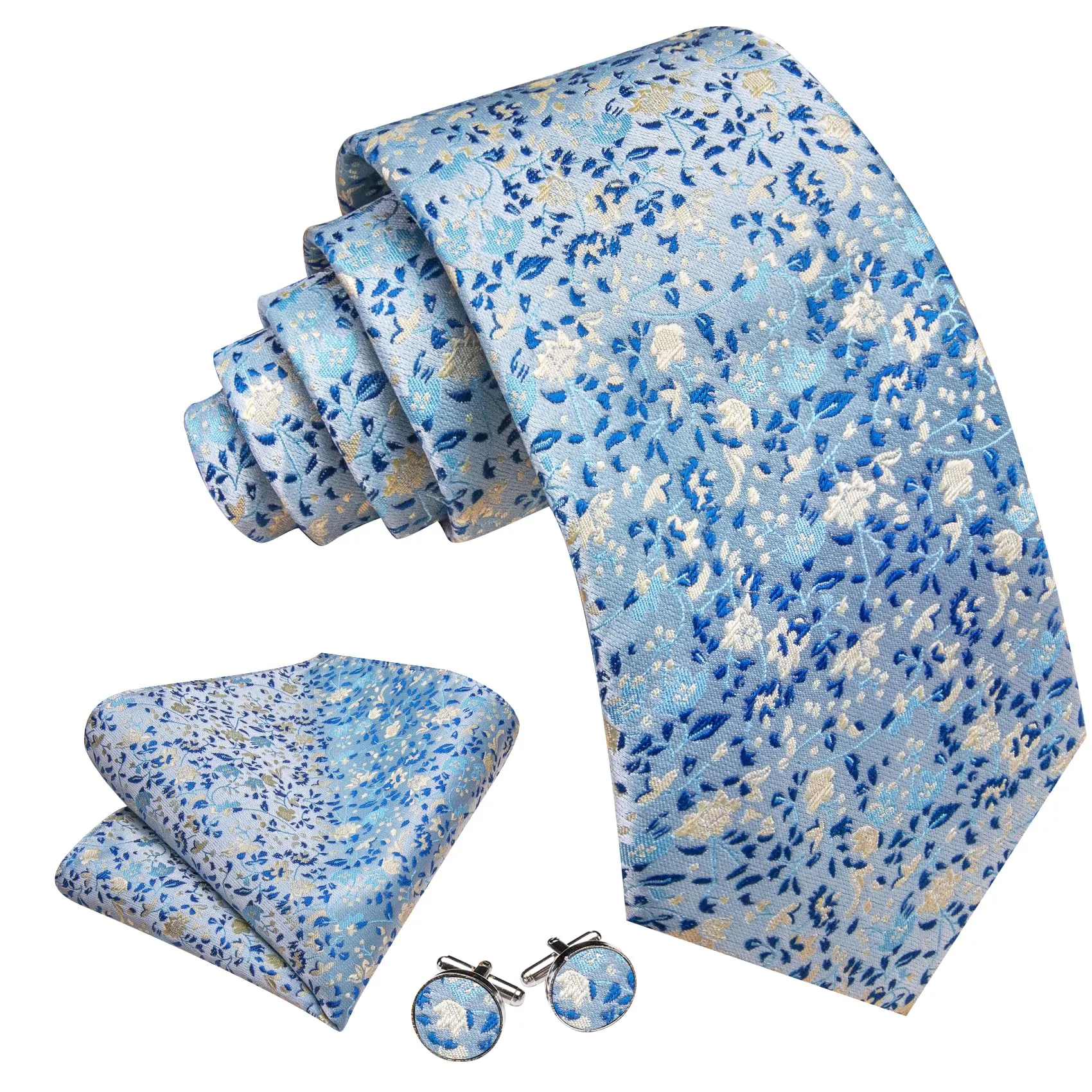 Barry.Wang Set da uomo 4 pezzi in seta con cravatta, fazzoletto da taschino, fermacravatta e gemelli, motivo floreale, Fiore Azzurro Blu Scuro - immagine 2
