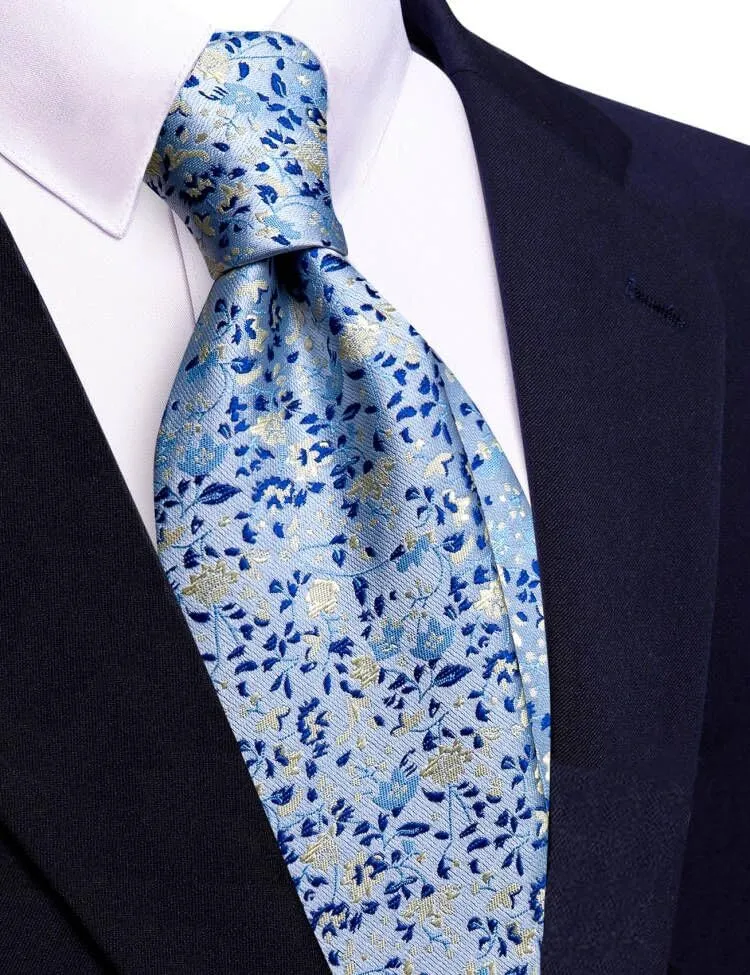 Barry.Wang Set da uomo 4 pezzi in seta con cravatta, fazzoletto da taschino, fermacravatta e gemelli, motivo floreale, Fiore Azzurro Blu Scuro - immagine 3