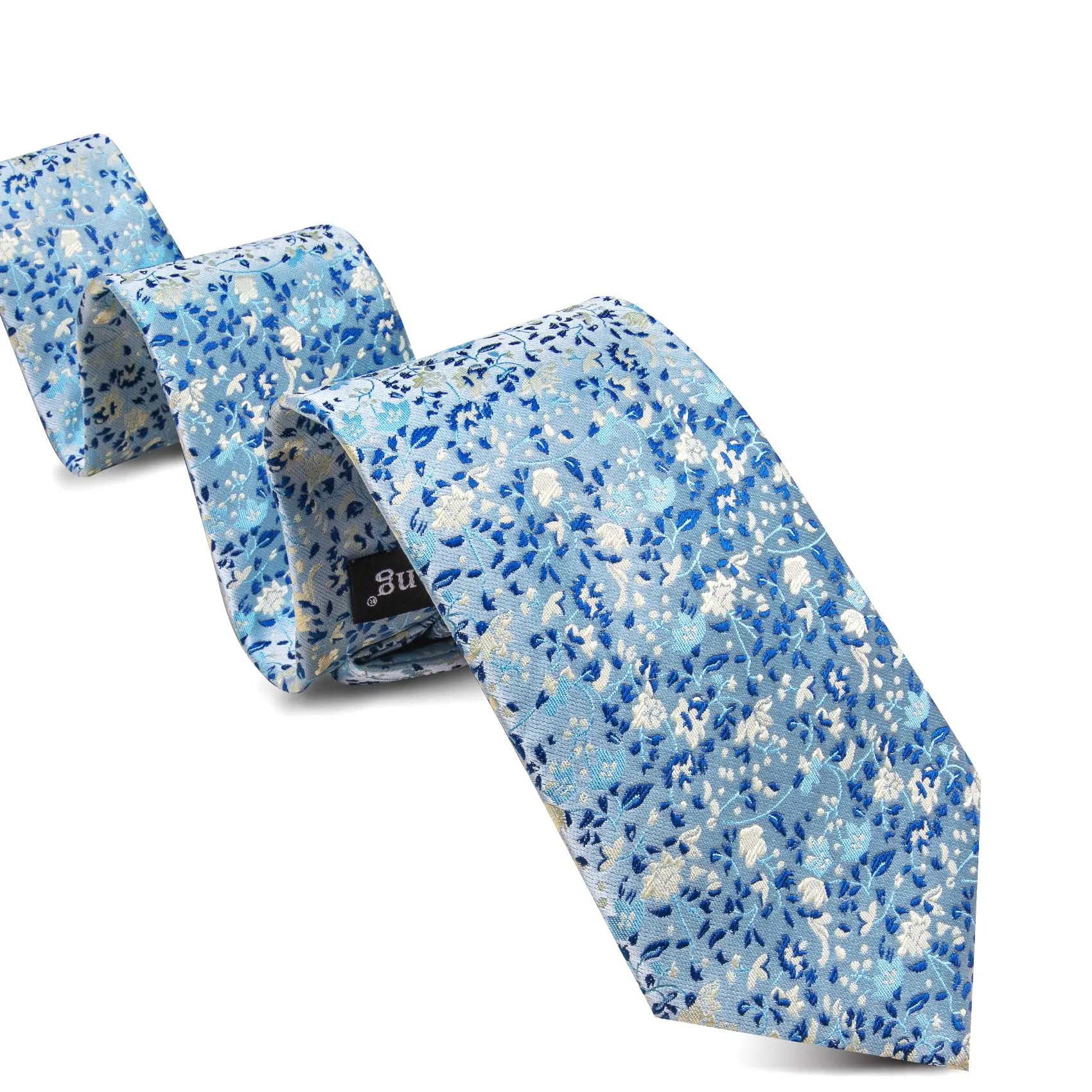 Barry.Wang Set da uomo 4 pezzi in seta con cravatta, fazzoletto da taschino, fermacravatta e gemelli, motivo floreale, Fiore Azzurro Blu Scuro - immagine 4