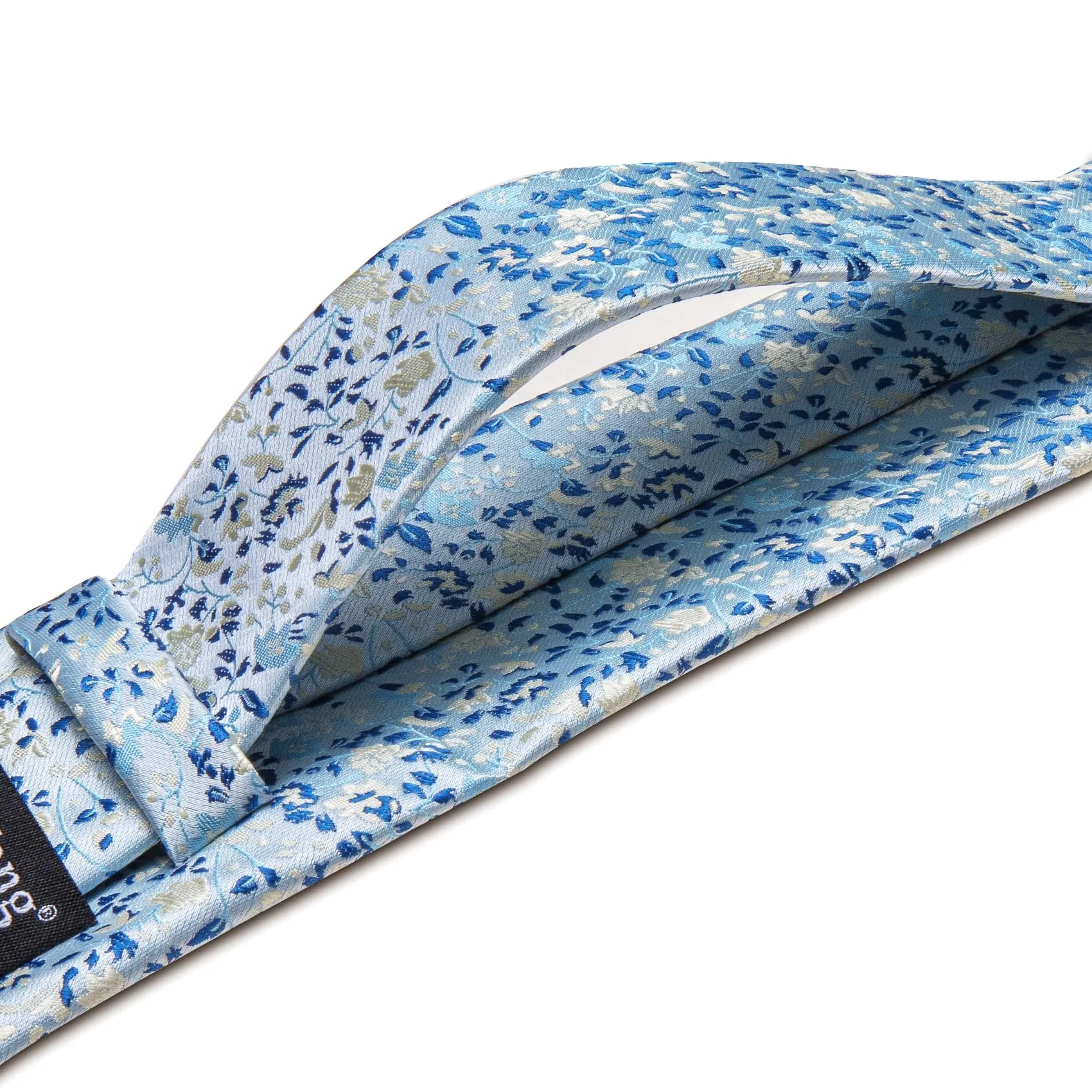 Barry.Wang Set da uomo 4 pezzi in seta con cravatta, fazzoletto da taschino, fermacravatta e gemelli, motivo floreale, Fiore Azzurro Blu Scuro - immagine 5