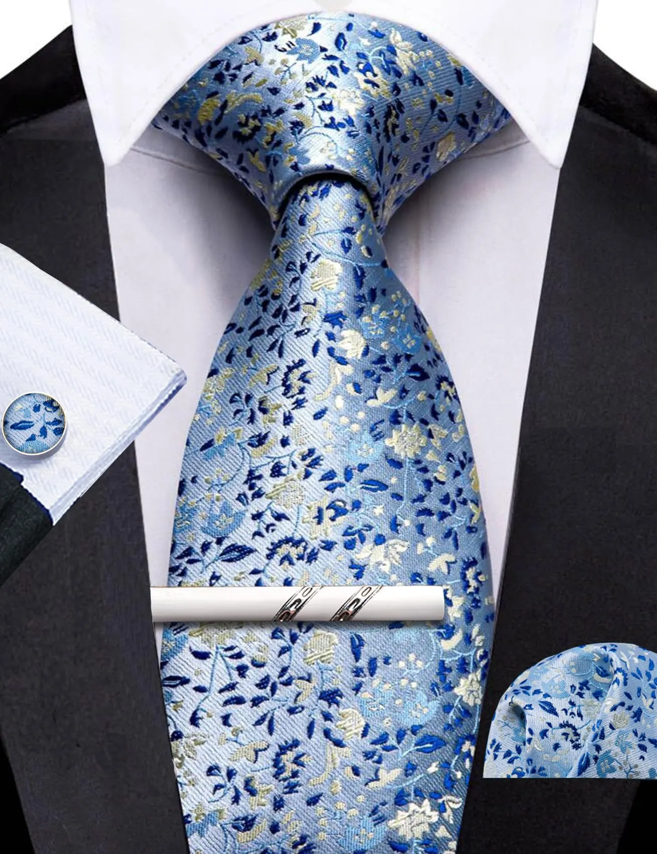 Barry.Wang Set da uomo 4 pezzi in seta con cravatta, fazzoletto da taschino, fermacravatta e gemelli, motivo floreale, Fiore Azzurro Blu Scuro - immagine 6
