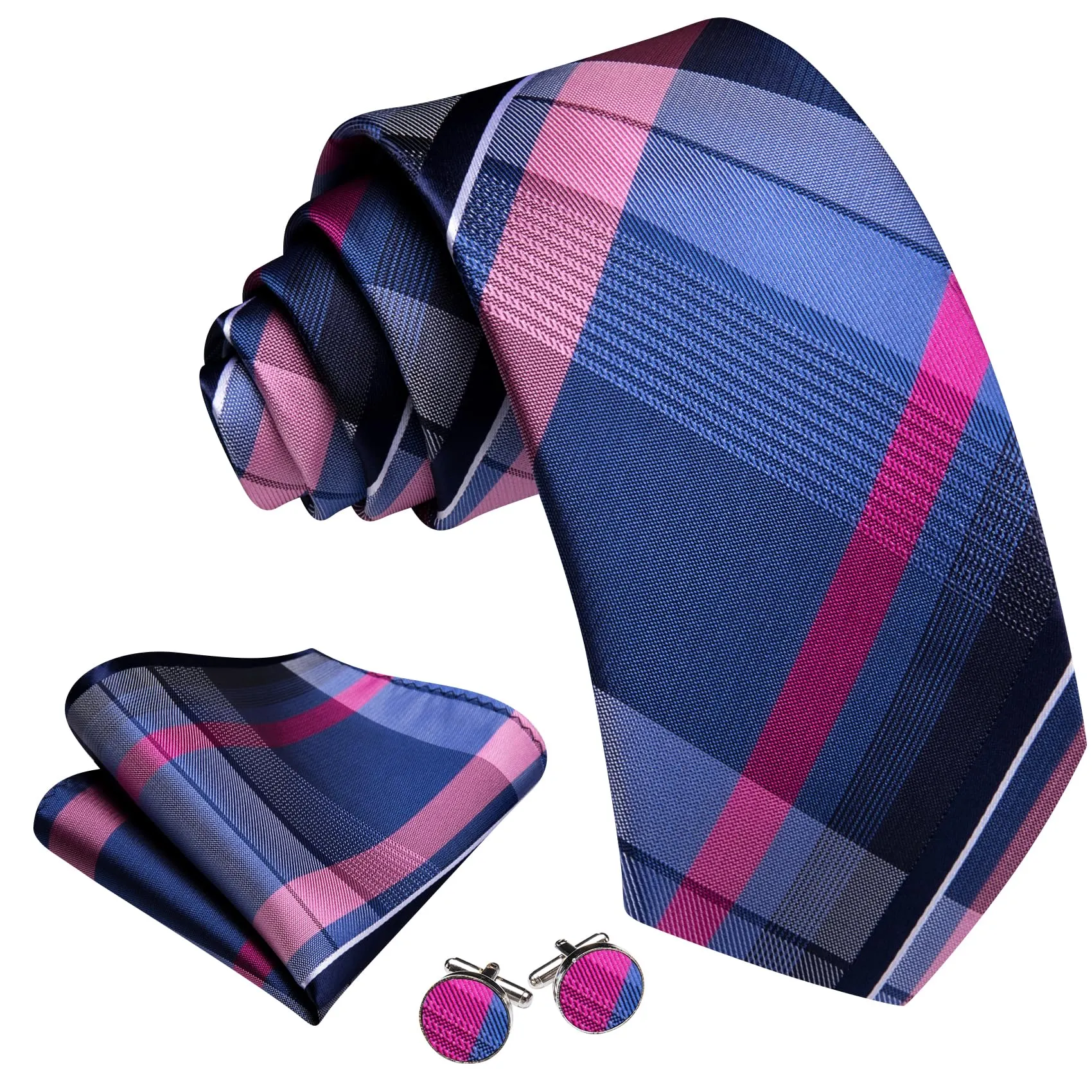 Barry.Wang Set Cravatta da Uomo in Seta a Righe Scozzesi con Pochette, Gemelli e Fermacravatta, Blu e Rosa, Taglia Unica - immagine 2