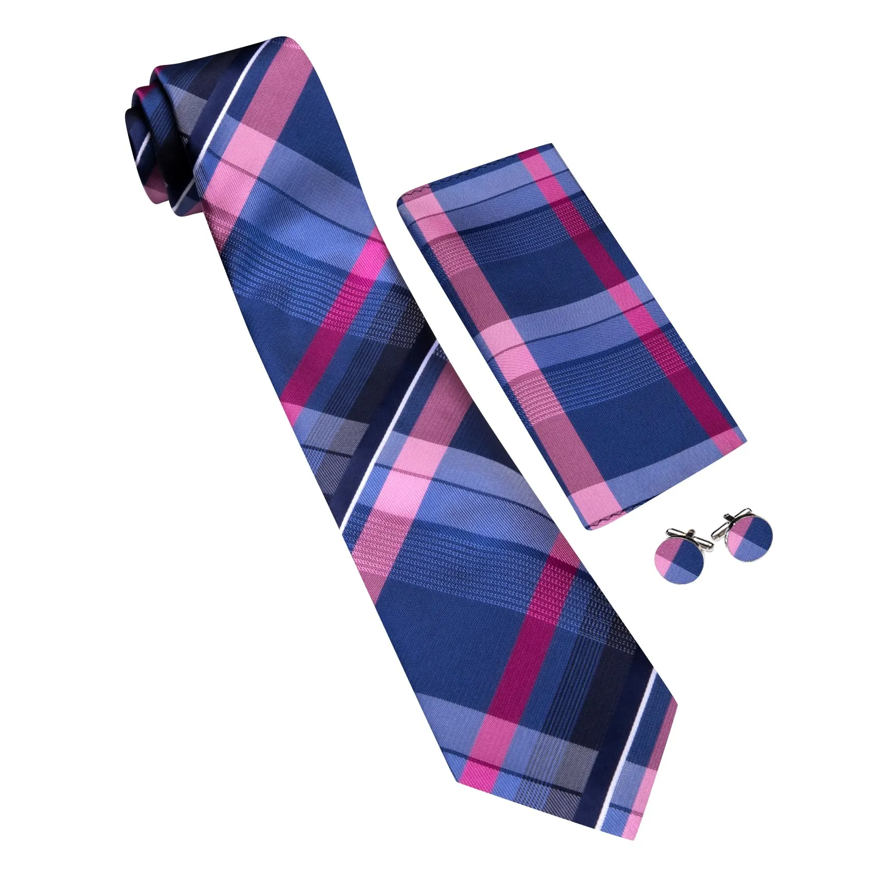 Barry.Wang Set Cravatta da Uomo in Seta a Righe Scozzesi con Pochette, Gemelli e Fermacravatta, Blu e Rosa, Taglia Unica - immagine 3