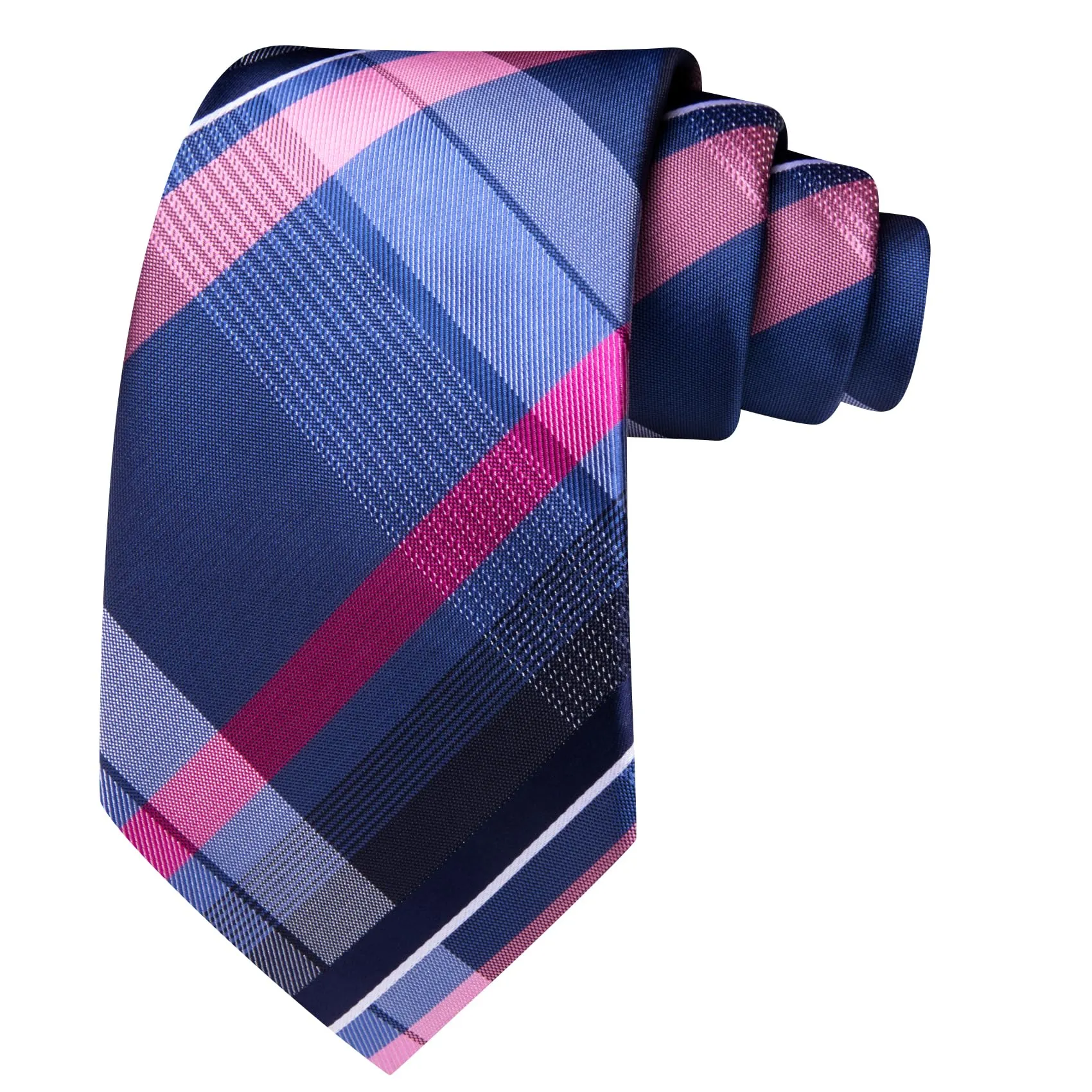 Barry.Wang Set Cravatta da Uomo in Seta a Righe Scozzesi con Pochette, Gemelli e Fermacravatta, Blu e Rosa, Taglia Unica - immagine 4