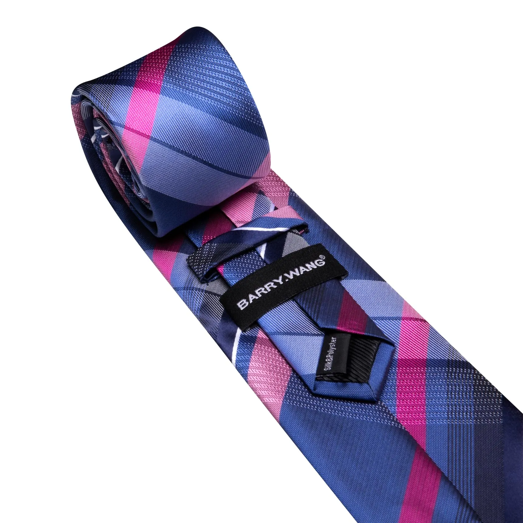 Barry.Wang Set Cravatta da Uomo in Seta a Righe Scozzesi con Pochette, Gemelli e Fermacravatta, Blu e Rosa, Taglia Unica - immagine 5
