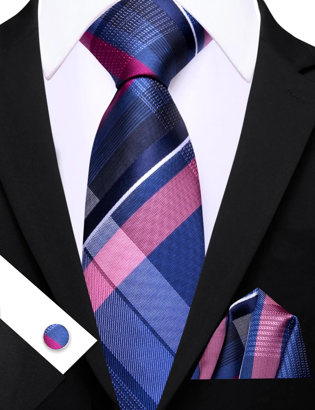 Barry.Wang Set Cravatta da Uomo in Seta a Righe Scozzesi con Pochette, Gemelli e Fermacravatta, Blu e Rosa, Taglia Unica - immagine 6