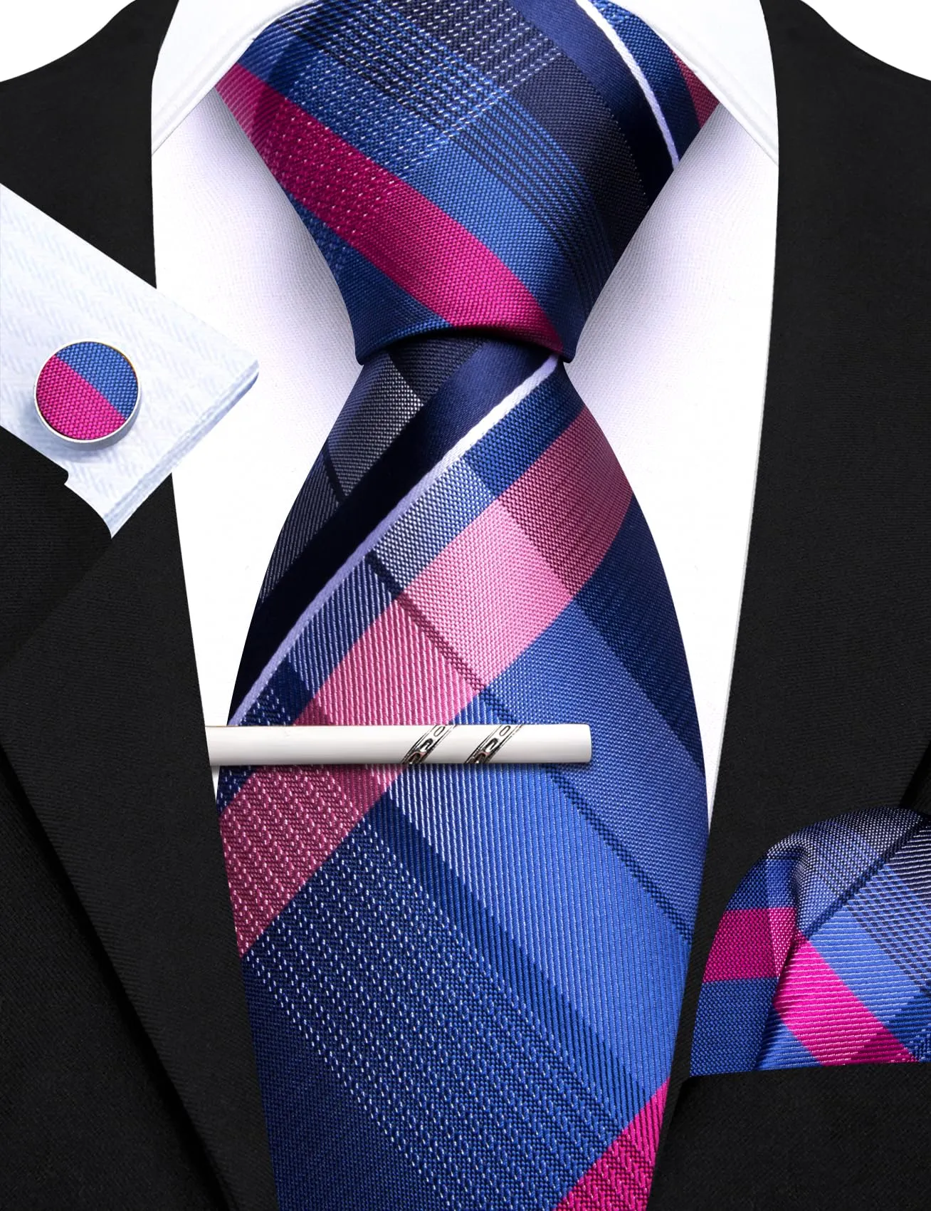 Barry.Wang Set Cravatta da Uomo in Seta a Righe Scozzesi con Pochette, Gemelli e Fermacravatta, Blu e Rosa, Taglia Unica - immagine 7