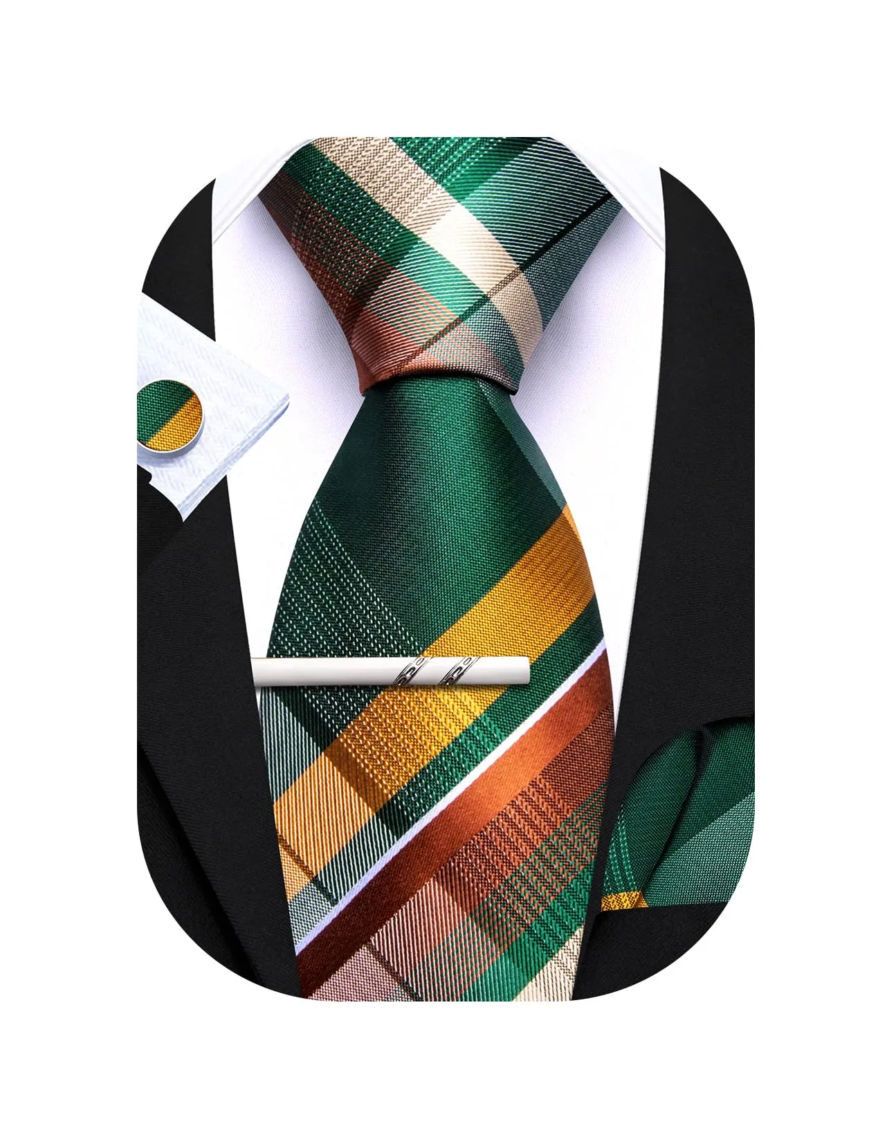 Barry.Wang Set da uomo 4 pezzi con cravatta a righe a quadri in seta, pochette, fermacravatta e gemelli, Verde e giallo - immagine 1