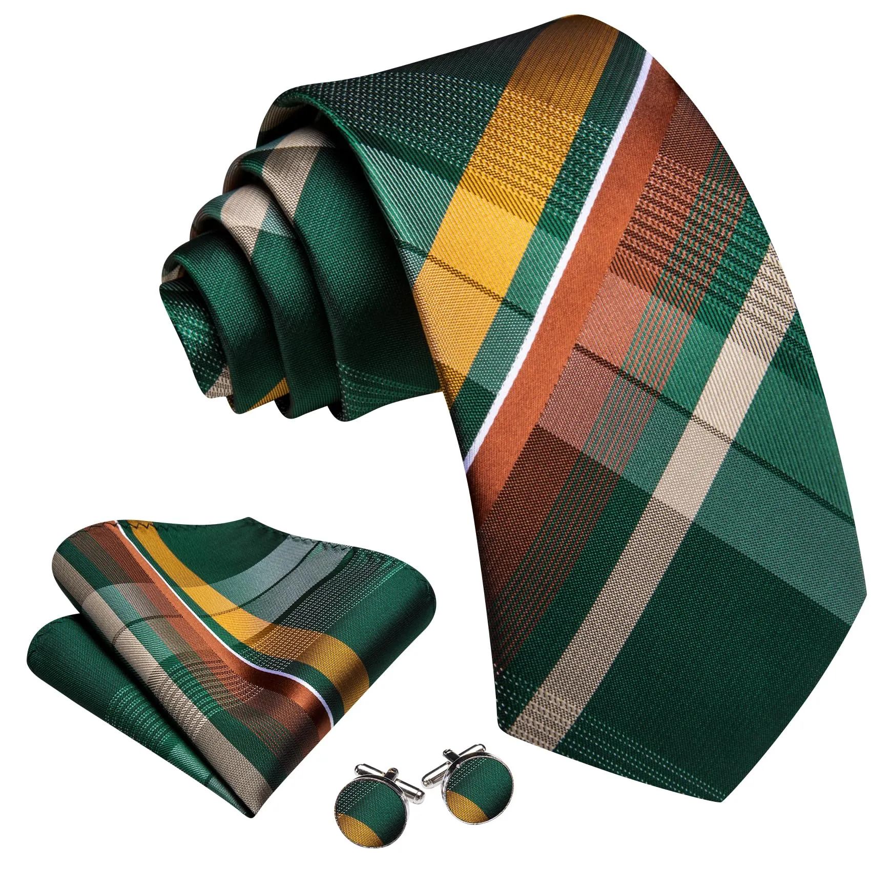 Barry.Wang Set da uomo 4 pezzi con cravatta a righe a quadri in seta, pochette, fermacravatta e gemelli, Verde e giallo - immagine 2