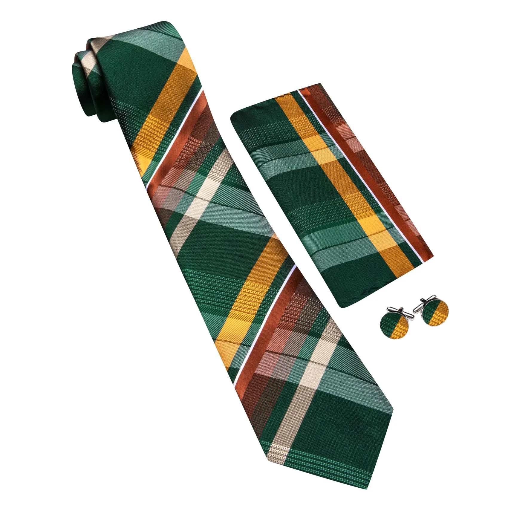 Barry.Wang Set da uomo 4 pezzi con cravatta a righe a quadri in seta, pochette, fermacravatta e gemelli, Verde e giallo - immagine 3