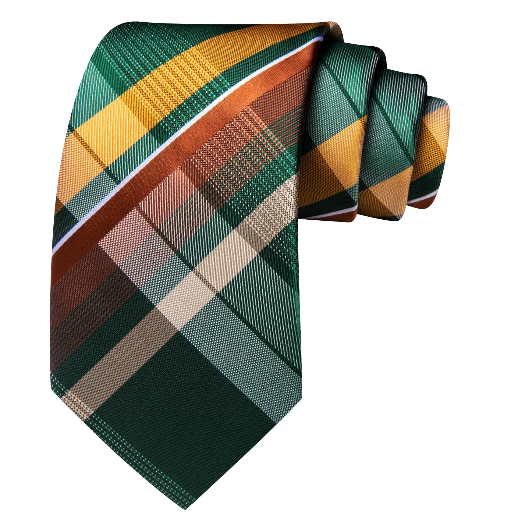 Barry.Wang Set da uomo 4 pezzi con cravatta a righe a quadri in seta, pochette, fermacravatta e gemelli, Verde e giallo - immagine 4