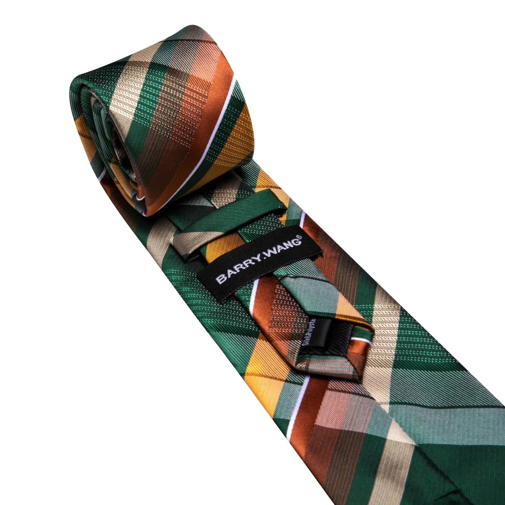 Barry.Wang Set da uomo 4 pezzi con cravatta a righe a quadri in seta, pochette, fermacravatta e gemelli, Verde e giallo - immagine 5