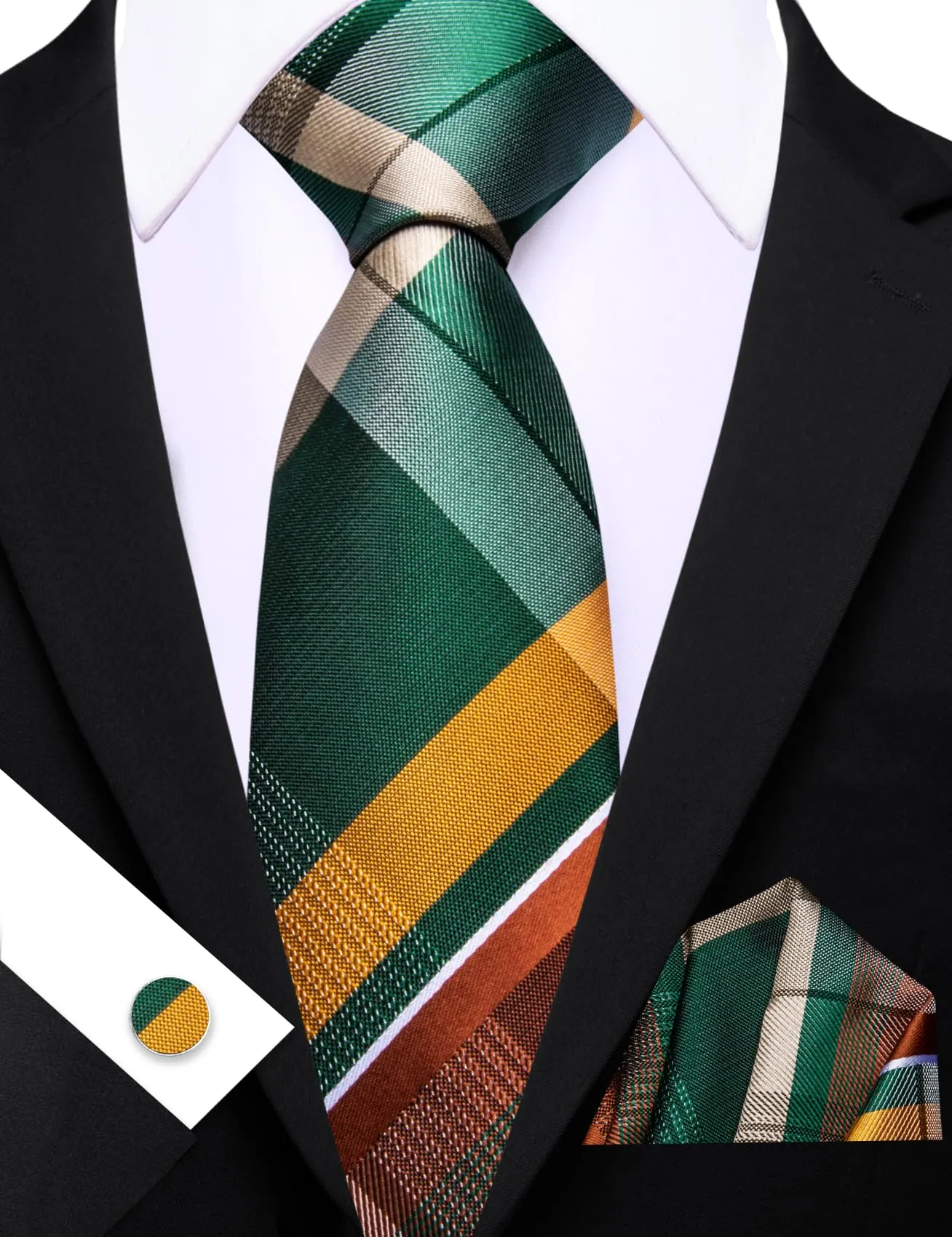 Barry.Wang Set da uomo 4 pezzi con cravatta a righe a quadri in seta, pochette, fermacravatta e gemelli, Verde e giallo - immagine 6