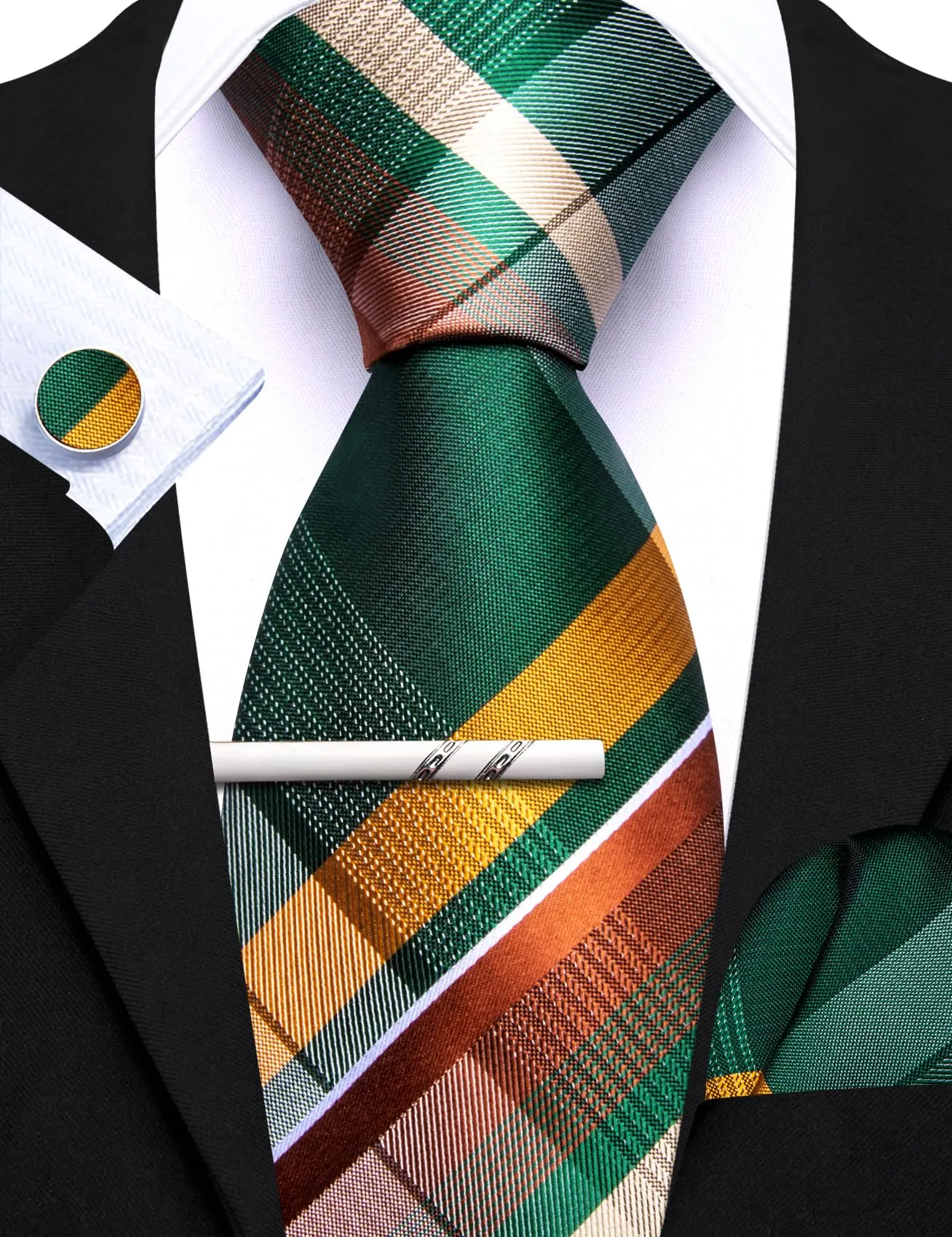 Barry.Wang Set da uomo 4 pezzi con cravatta a righe a quadri in seta, pochette, fermacravatta e gemelli, Verde e giallo - immagine 7