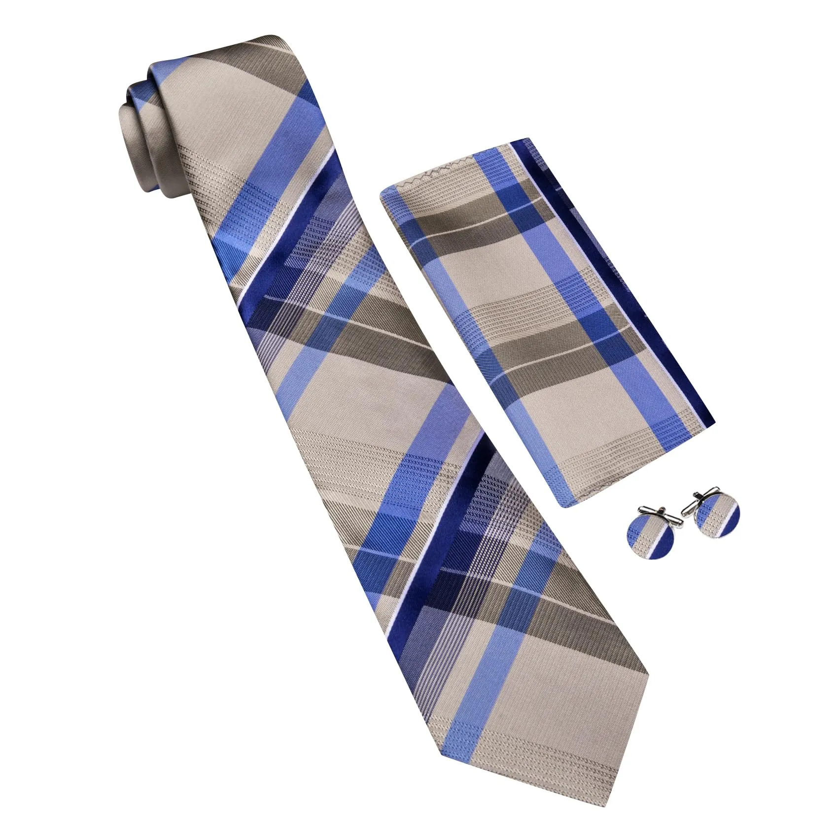 Barry.Wang Set da uomo 4 pezzi con cravatta a righe a quadri in seta, pochette, fermacravatta e gemelli, Taglia unica - immagine 3