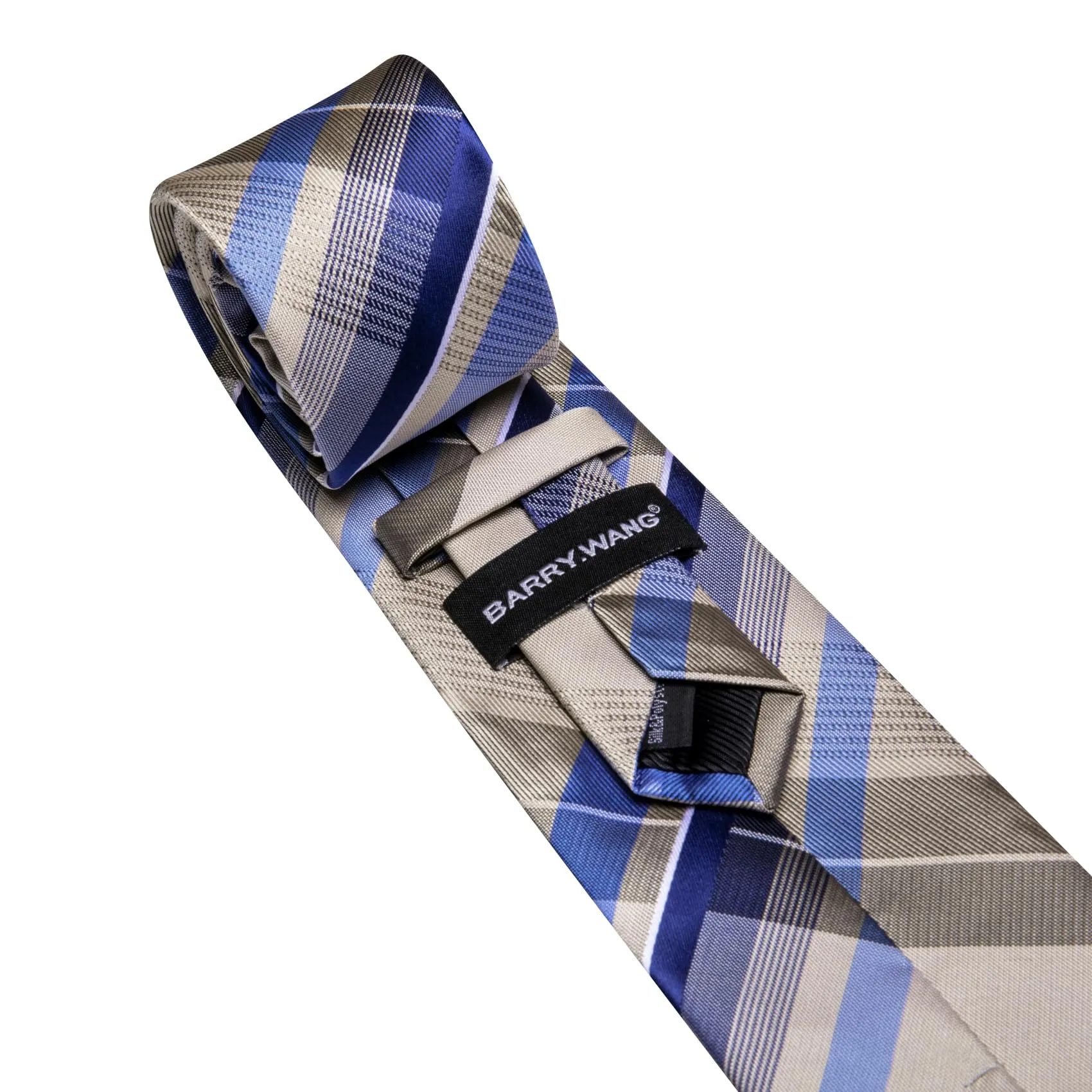 Barry.Wang Set da uomo 4 pezzi con cravatta a righe a quadri in seta, pochette, fermacravatta e gemelli, Taglia unica - immagine 5
