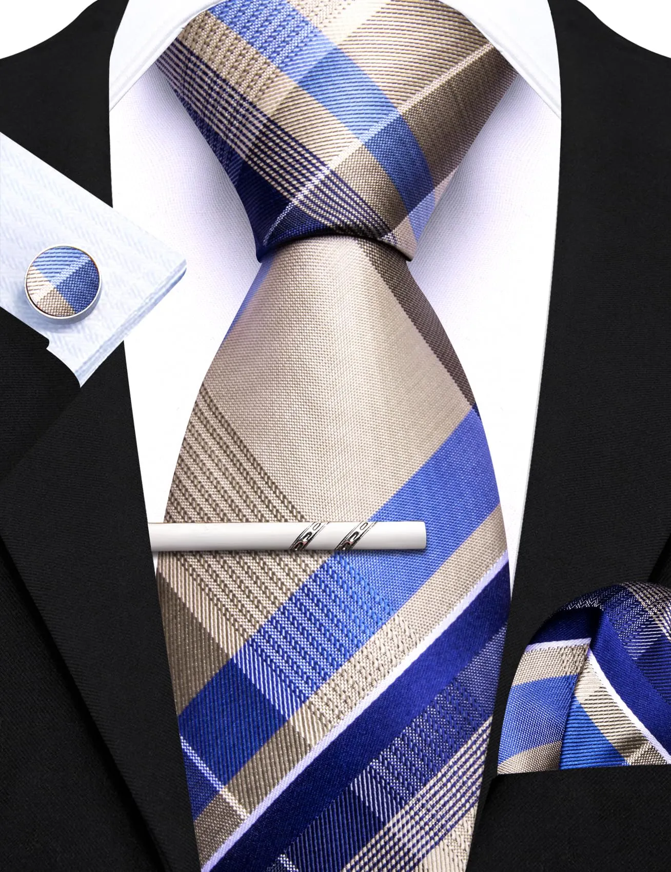 Barry.Wang Set da uomo 4 pezzi con cravatta a righe a quadri in seta, pochette, fermacravatta e gemelli, Taglia unica - immagine 7