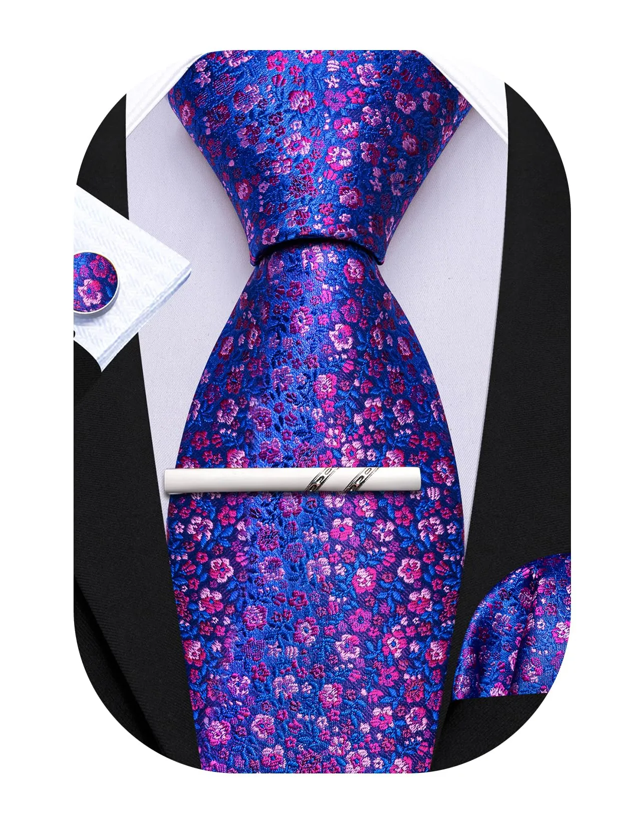 Barry.Wang Set di Cravatta da Uomo 4 Pezzi in Seta con Motivo Floreale, Gemelli, Fazzoletto da Taschino e Fermacravatta, Blu Reale Magenta Floreale - immagine 1