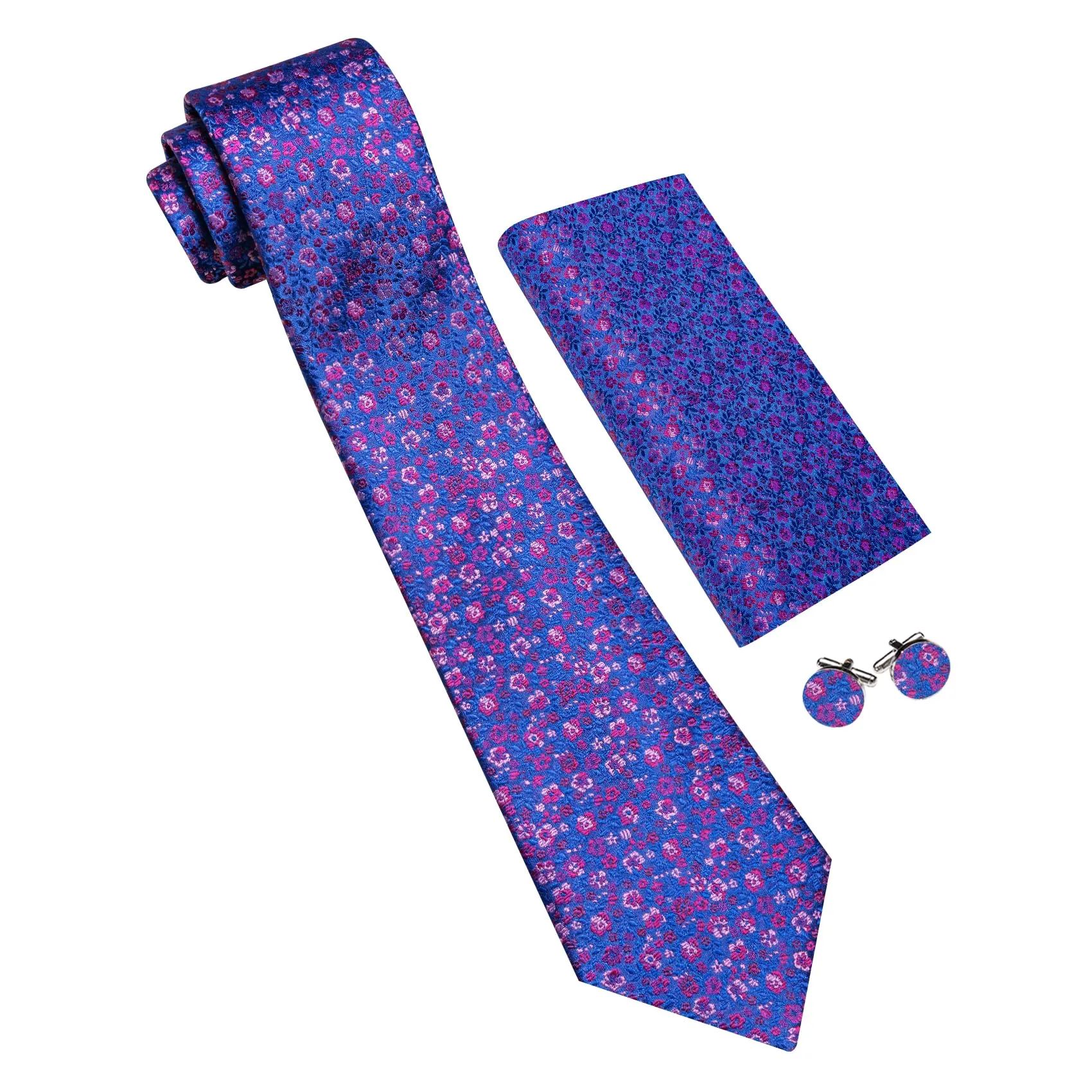 Barry.Wang Set di Cravatta da Uomo 4 Pezzi in Seta con Motivo Floreale, Gemelli, Fazzoletto da Taschino e Fermacravatta, Blu Reale Magenta Floreale - immagine 2