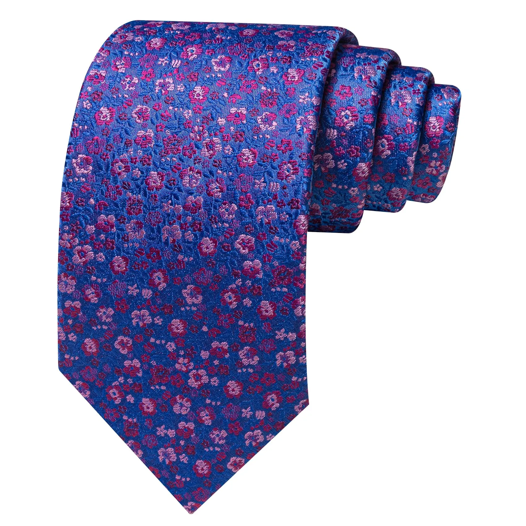 Barry.Wang Set di Cravatta da Uomo 4 Pezzi in Seta con Motivo Floreale, Gemelli, Fazzoletto da Taschino e Fermacravatta, Blu Reale Magenta Floreale - immagine 3