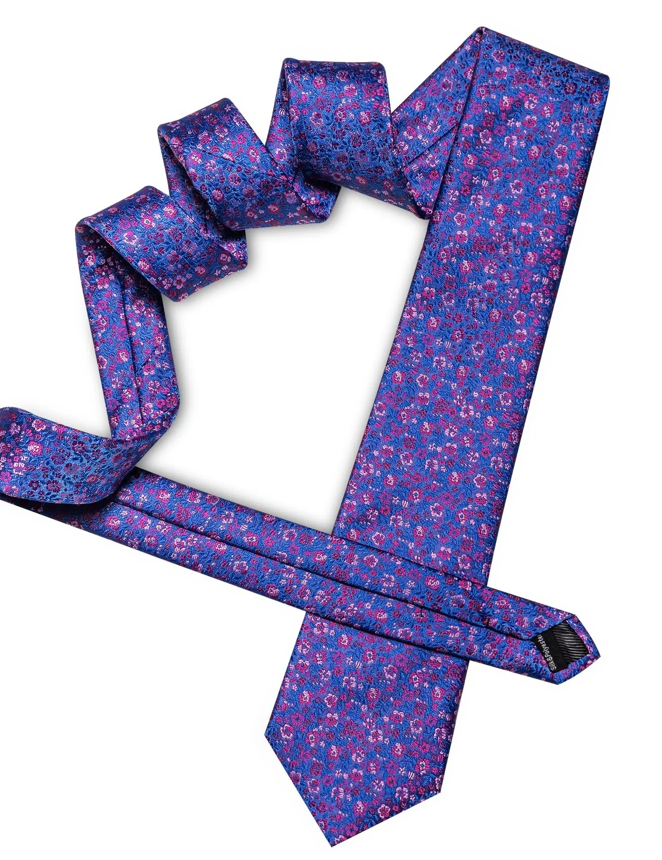 Barry.Wang Set di Cravatta da Uomo 4 Pezzi in Seta con Motivo Floreale, Gemelli, Fazzoletto da Taschino e Fermacravatta, Blu Reale Magenta Floreale - immagine 4