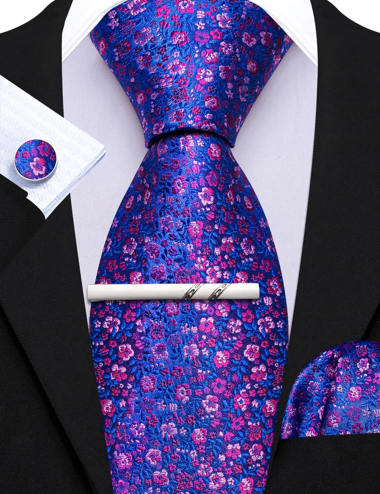 Barry.Wang Set di Cravatta da Uomo 4 Pezzi in Seta con Motivo Floreale, Gemelli, Fazzoletto da Taschino e Fermacravatta, Blu Reale Magenta Floreale - immagine 6
