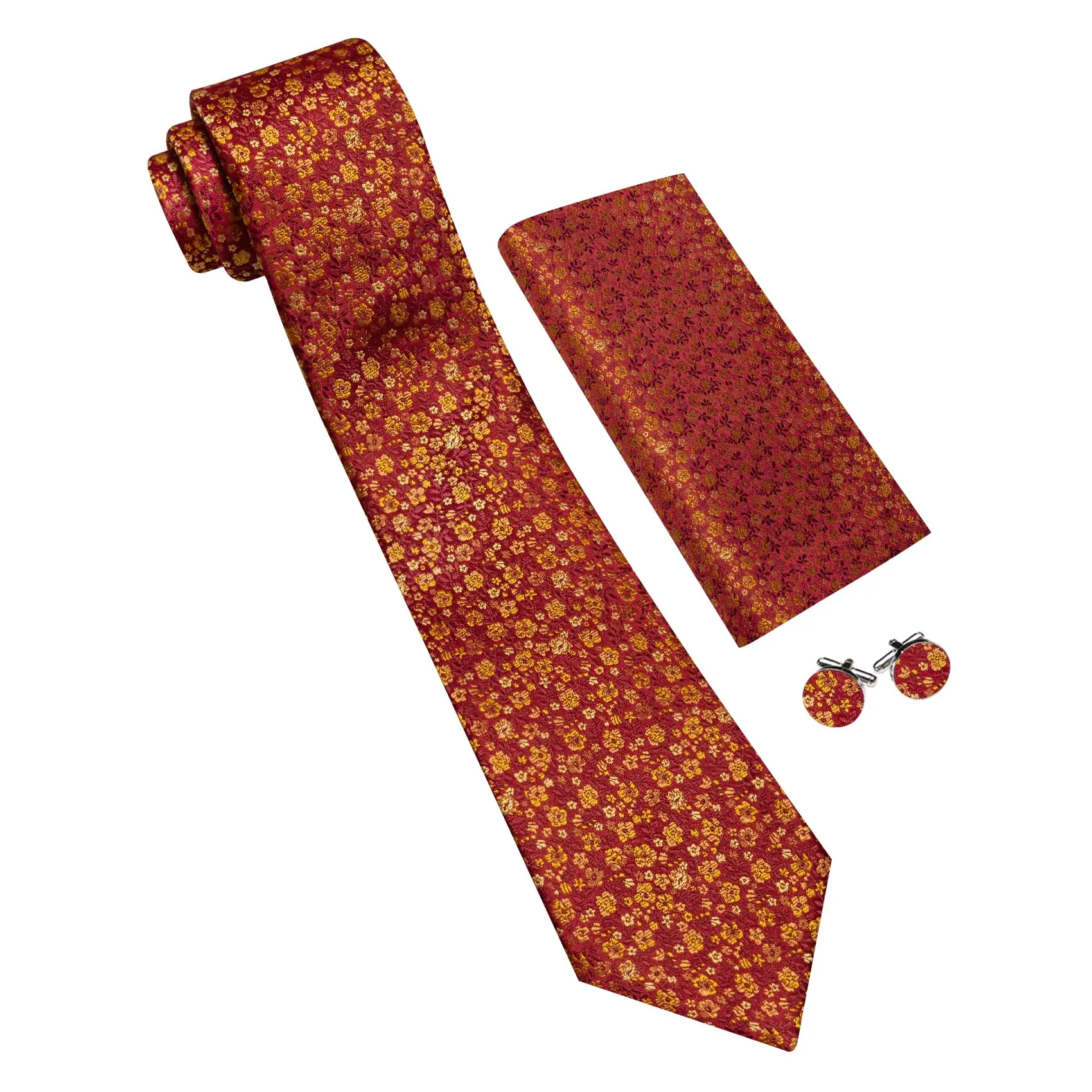 Barry.Wang Set di cravatte da uomo in seta con motivo floreale, gemelli, fazzoletto da taschino e clip, 4 pezzi, Bordeaux Oro Floreale - immagine 2