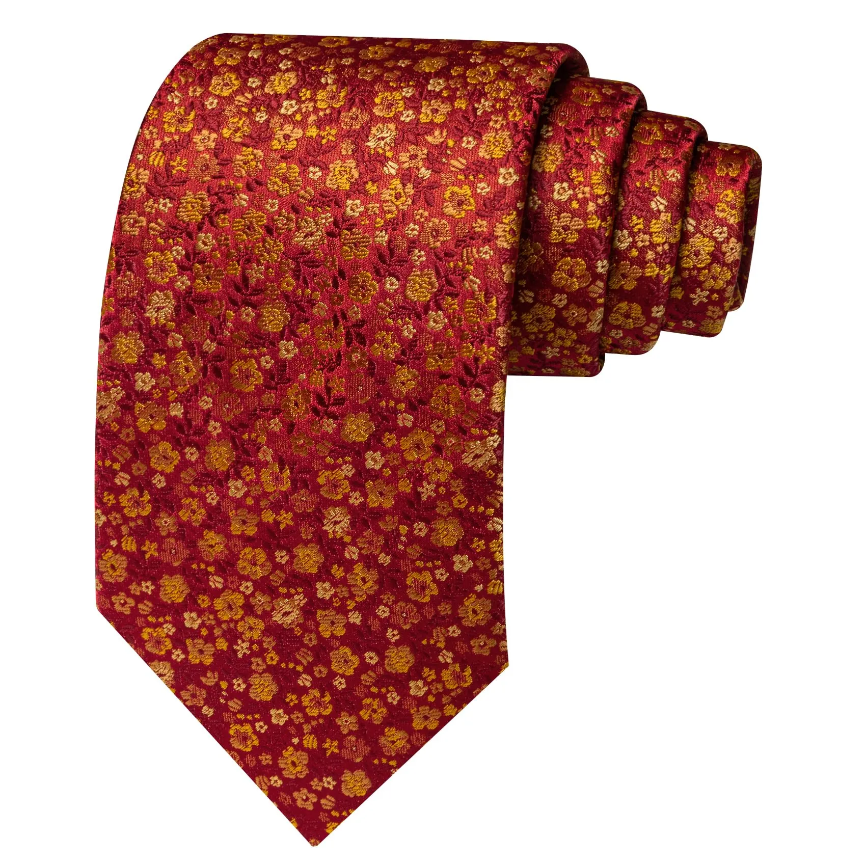 Barry.Wang Set di cravatte da uomo in seta con motivo floreale, gemelli, fazzoletto da taschino e clip, 4 pezzi, Bordeaux Oro Floreale - immagine 3