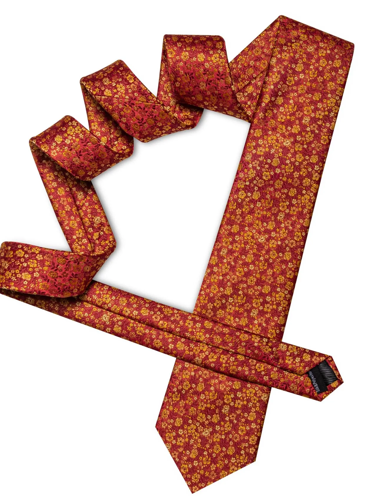 Barry.Wang Set di cravatte da uomo in seta con motivo floreale, gemelli, fazzoletto da taschino e clip, 4 pezzi, Bordeaux Oro Floreale - immagine 4