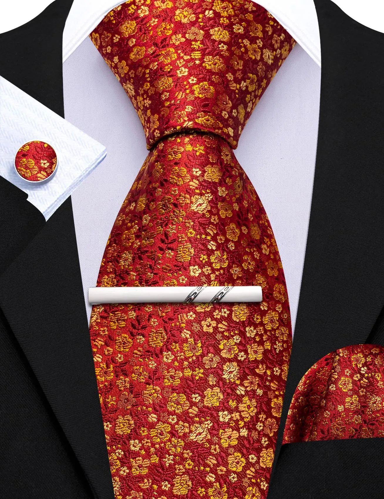 Barry.Wang Set di cravatte da uomo in seta con motivo floreale, gemelli, fazzoletto da taschino e clip, 4 pezzi, Bordeaux Oro Floreale - immagine 6