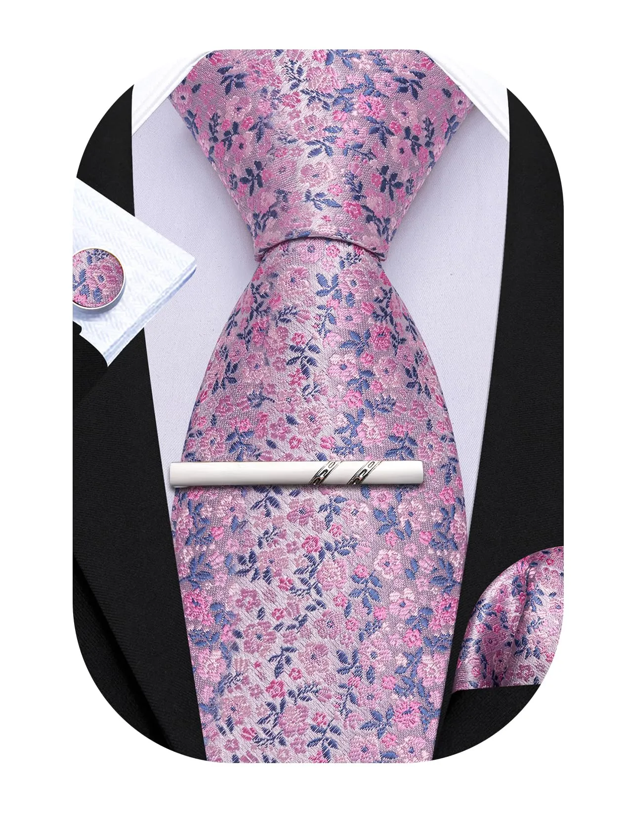 Barry.Wang Set di Cravatta in Seta con Motivo Floreale, Gemelli, Fazzoletto da Taschino e Fermacravatta, 4 Pezzi, Azzurro Rosa Chiaro - immagine 1