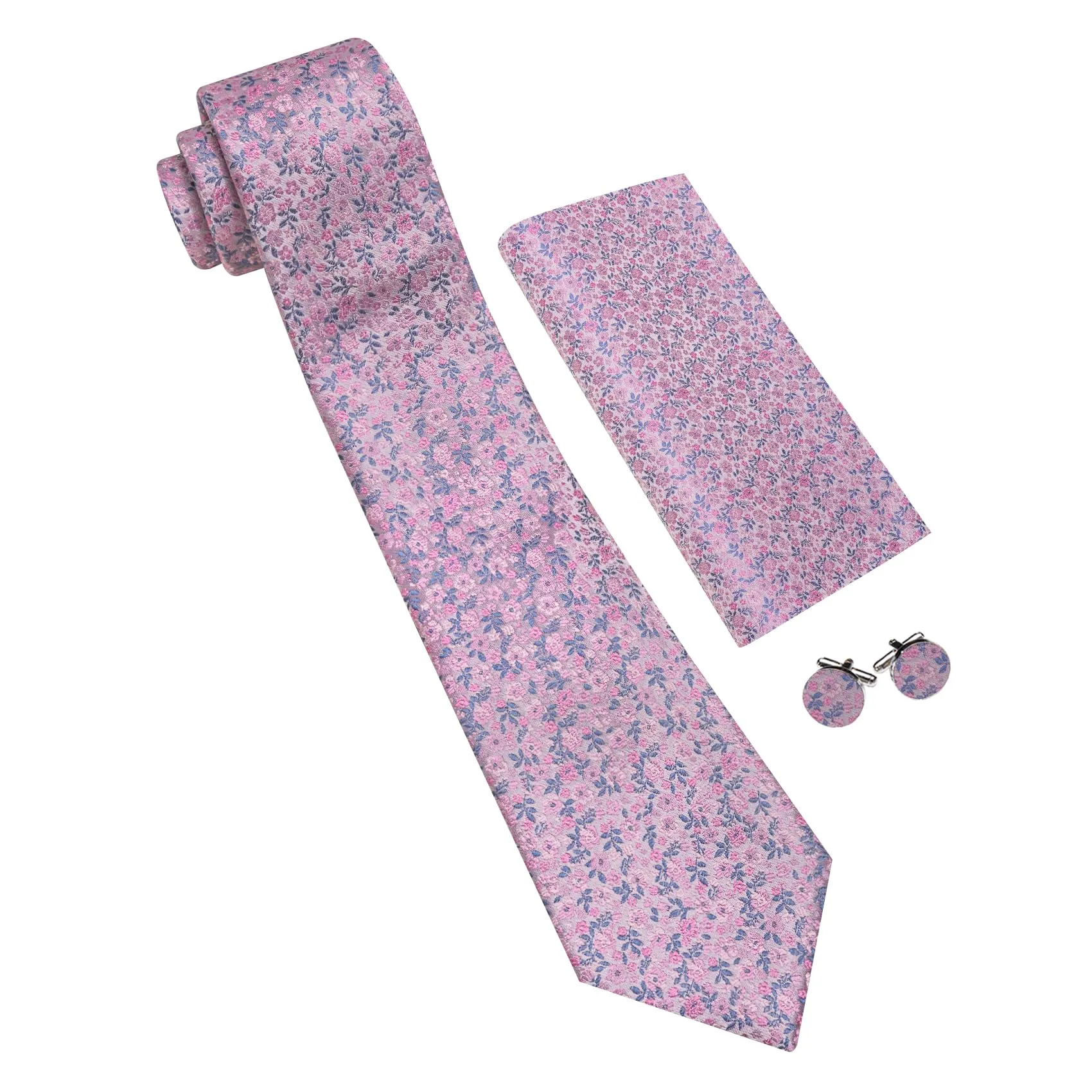 Barry.Wang Set di Cravatta in Seta con Motivo Floreale, Gemelli, Fazzoletto da Taschino e Fermacravatta, 4 Pezzi, Azzurro Rosa Chiaro - immagine 2