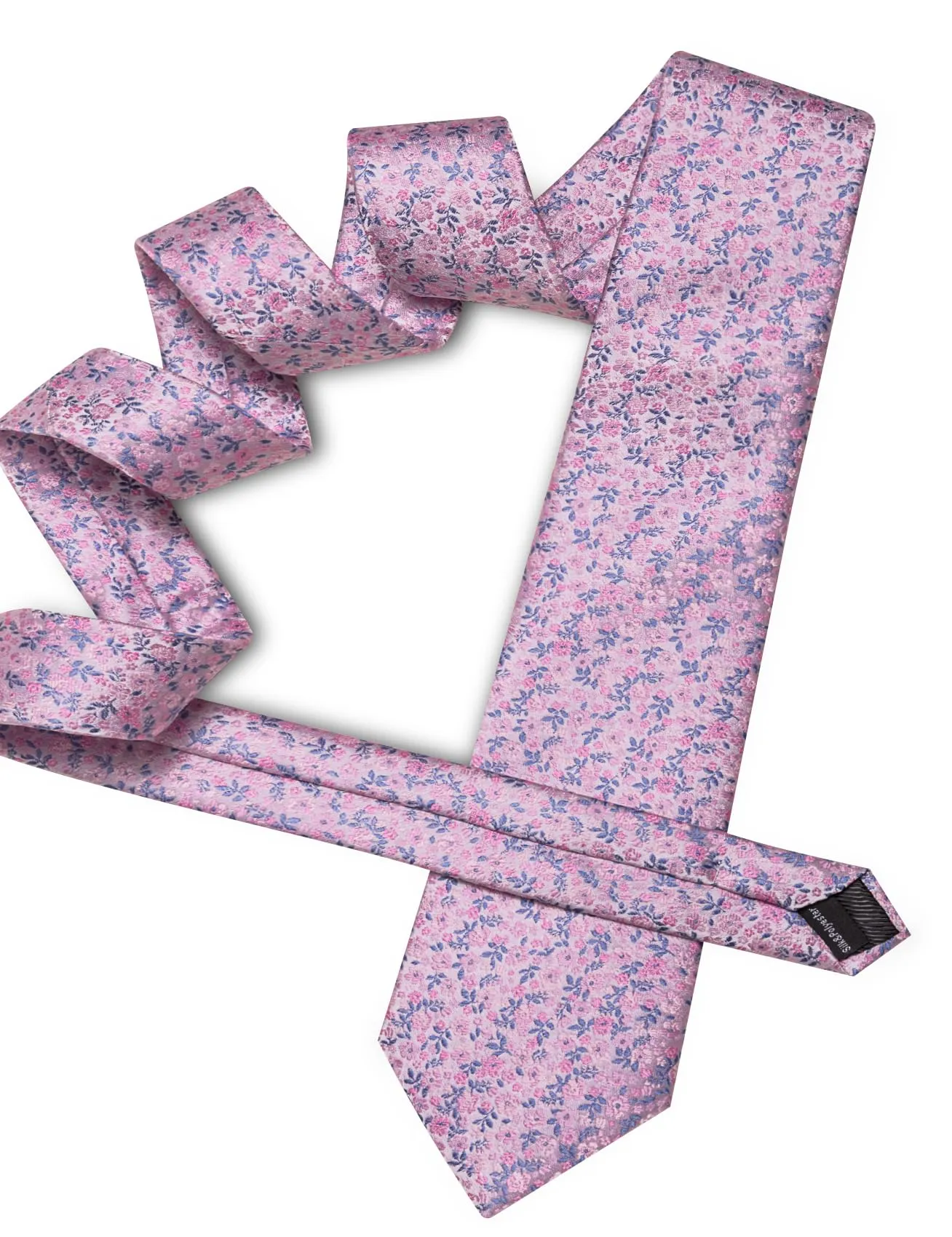 Barry.Wang Set di Cravatta in Seta con Motivo Floreale, Gemelli, Fazzoletto da Taschino e Fermacravatta, 4 Pezzi, Azzurro Rosa Chiaro - immagine 4