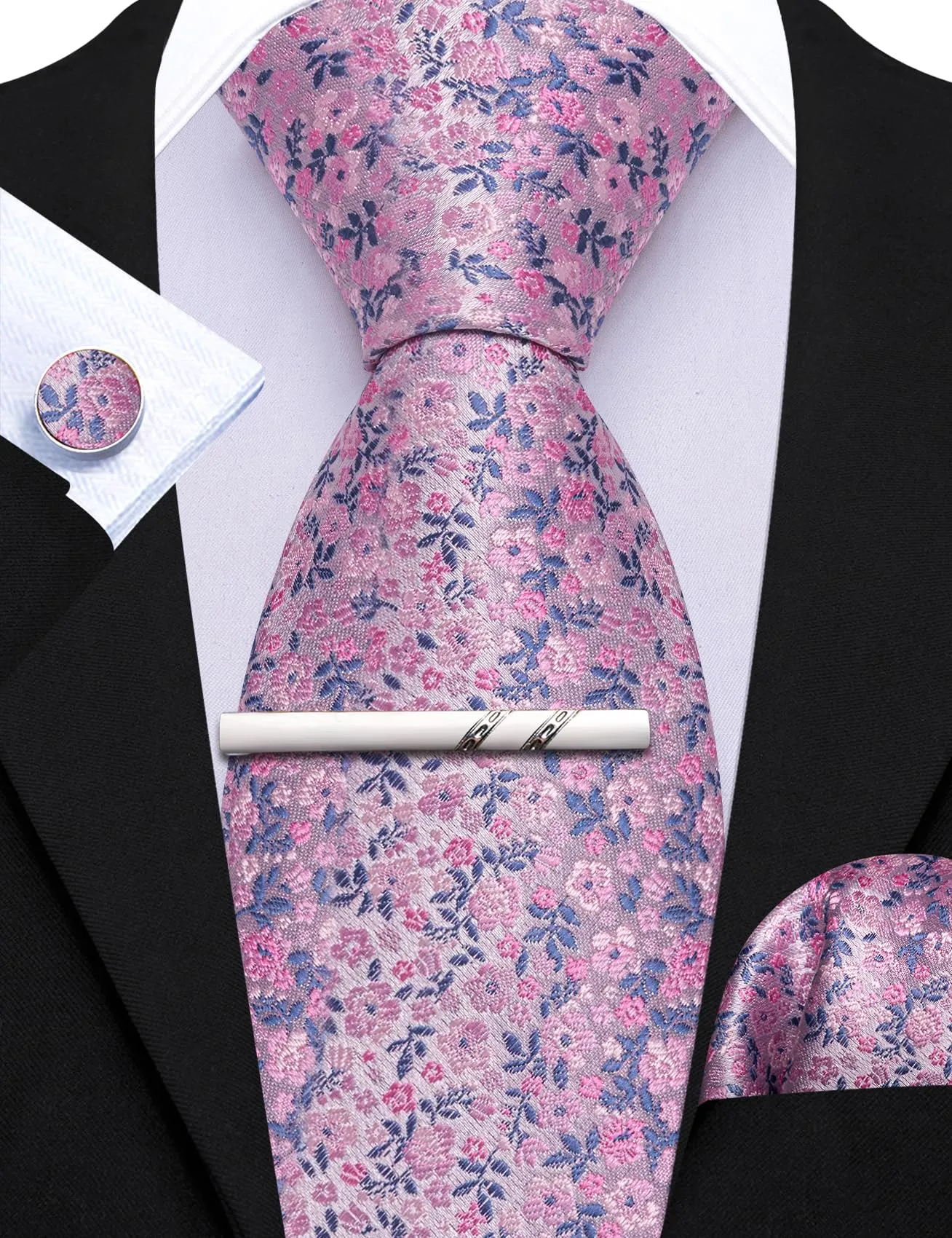 Barry.Wang Set di Cravatta in Seta con Motivo Floreale, Gemelli, Fazzoletto da Taschino e Fermacravatta, 4 Pezzi, Azzurro Rosa Chiaro - immagine 6