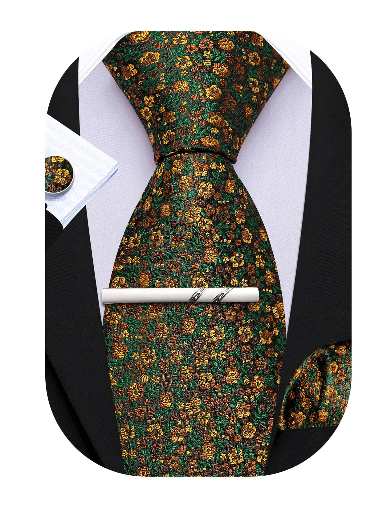 Barry.Wang Set di cravatta in seta con motivo floreale, fazzoletto da taschino, gemelli e fermacravatta, 4 pezzi, Verde Oro Floreale - immagine 1