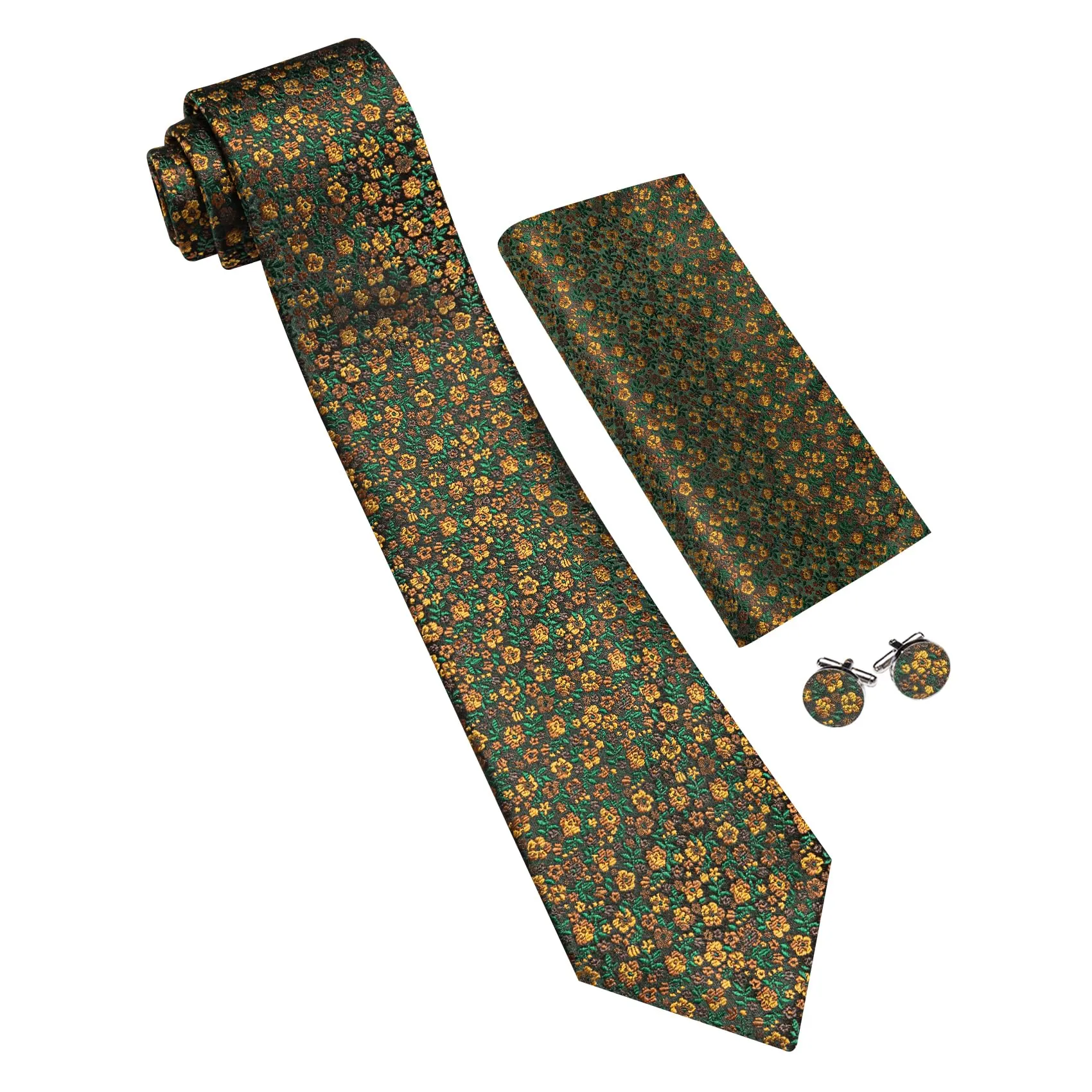 Barry.Wang Set di cravatta in seta con motivo floreale, fazzoletto da taschino, gemelli e fermacravatta, 4 pezzi, Verde Oro Floreale - immagine 2