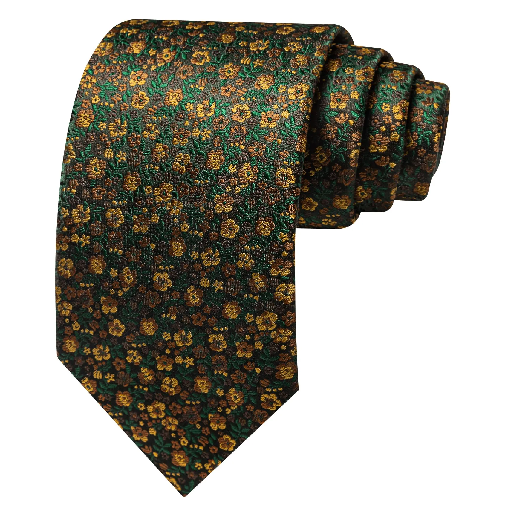 Barry.Wang Set di cravatta in seta con motivo floreale, fazzoletto da taschino, gemelli e fermacravatta, 4 pezzi, Verde Oro Floreale - immagine 3