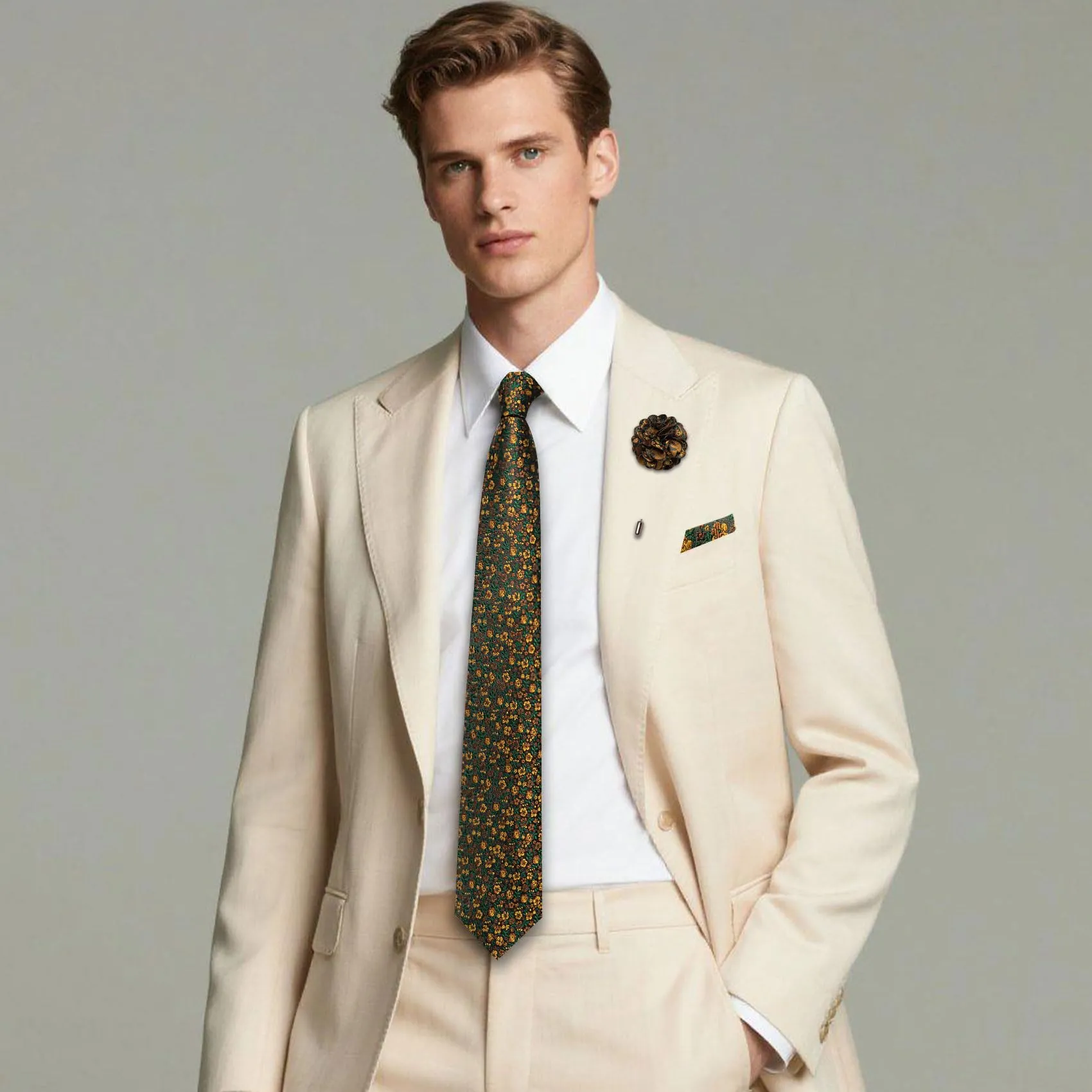 Barry.Wang Set di cravatta in seta con motivo floreale, fazzoletto da taschino, gemelli e fermacravatta, 4 pezzi, Verde Oro Floreale - immagine 4