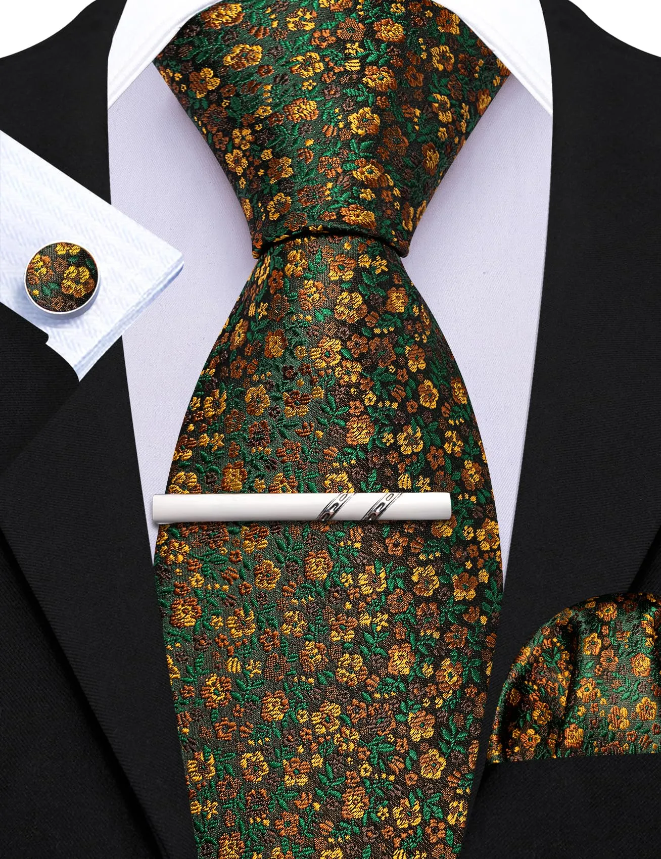 Barry.Wang Set di cravatta in seta con motivo floreale, fazzoletto da taschino, gemelli e fermacravatta, 4 pezzi, Verde Oro Floreale - immagine 5