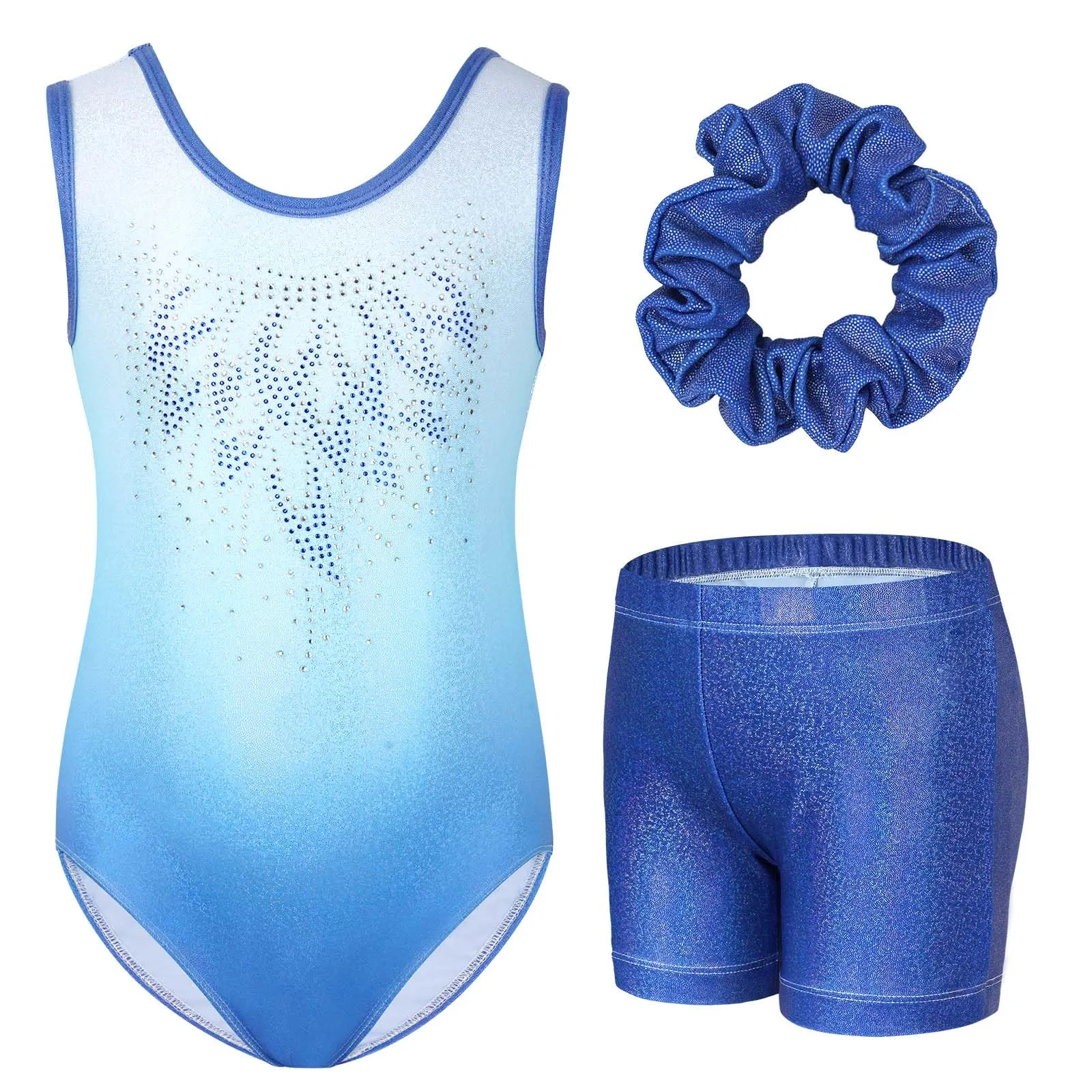 Gogokids Set da ginnastica a tre pezzi per ragazze con body, pantaloncini e fascia, design sfumato, 150(140-150 cm) - immagine 1