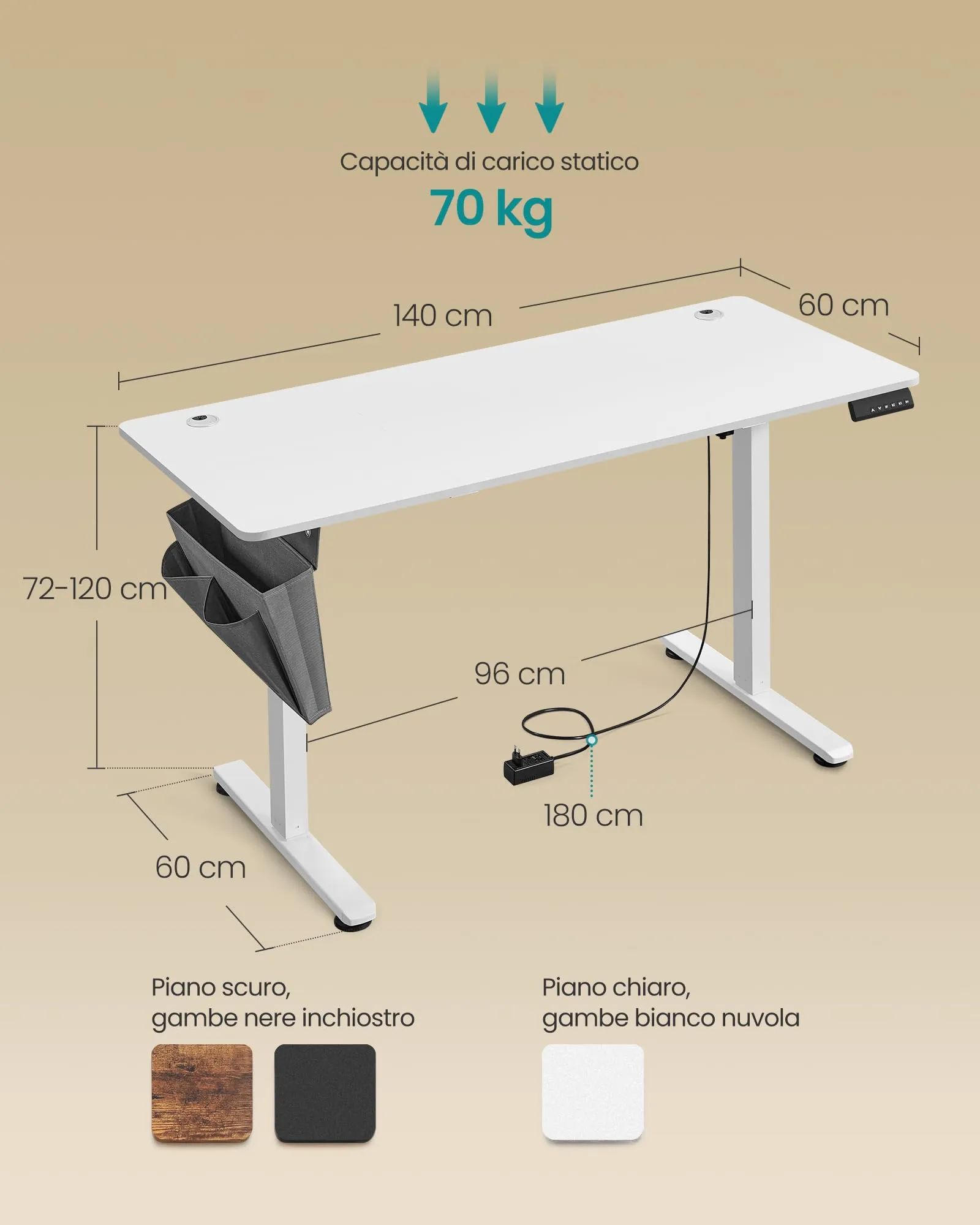 SONGMICS Scrivania Regolabile in Altezza Elettrica, 140 x 60 cm, Memoria 4 Altezze, Porta USB-C, Bianco Nuvola LSD134W01 - immagine 2